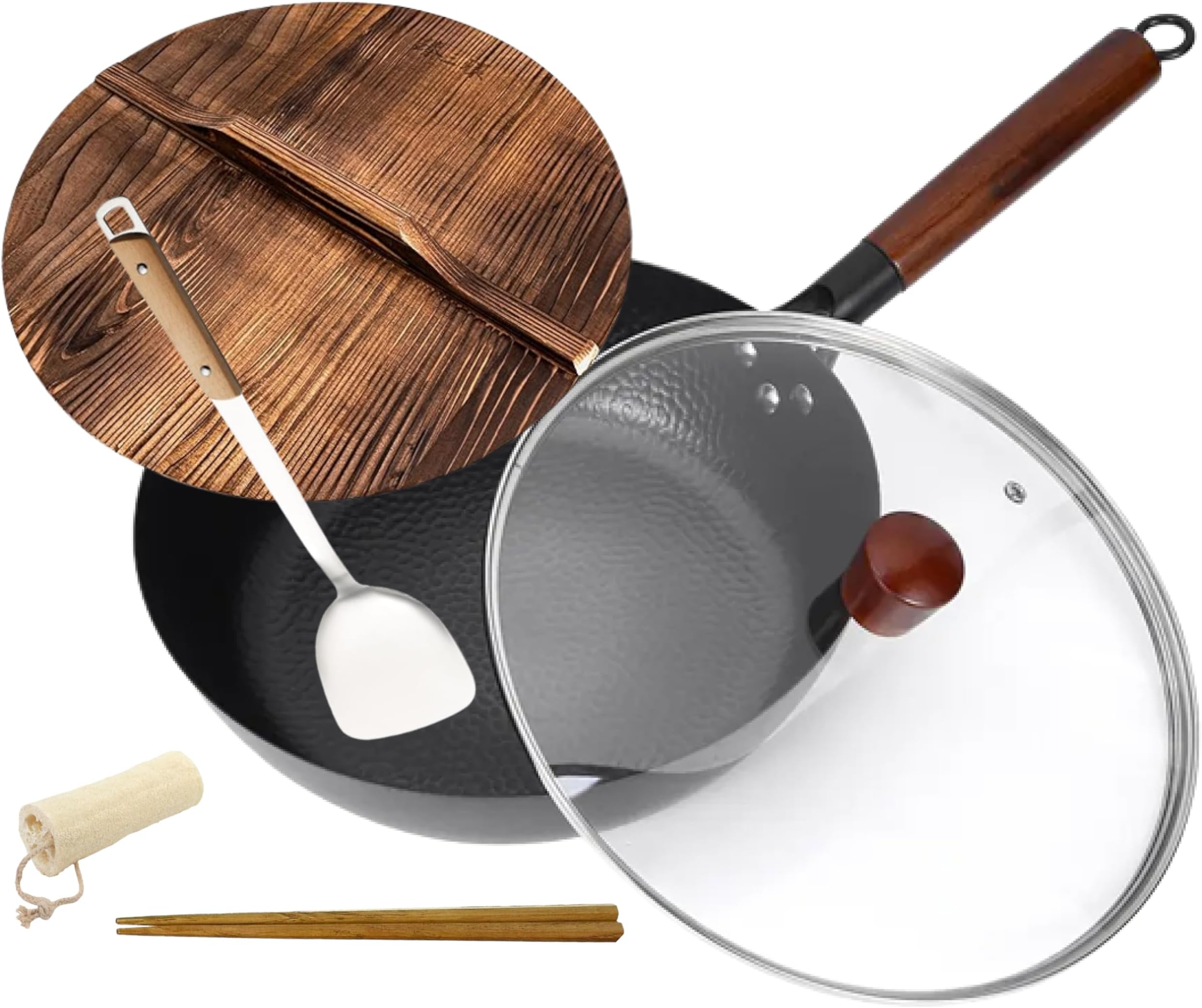 Oncost Carbon Steel Wok Pan 12.5" (32cm) Non Stick Wok with Lid Carbon Steel Frying Pan No