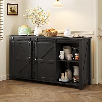 U-Style 55.1-Inch Sideboard with Storage,Farmhouse Storage Cabinet with Sliding Barn Doors and 4 Drawers, Wood Buffet Table with Power Outlet