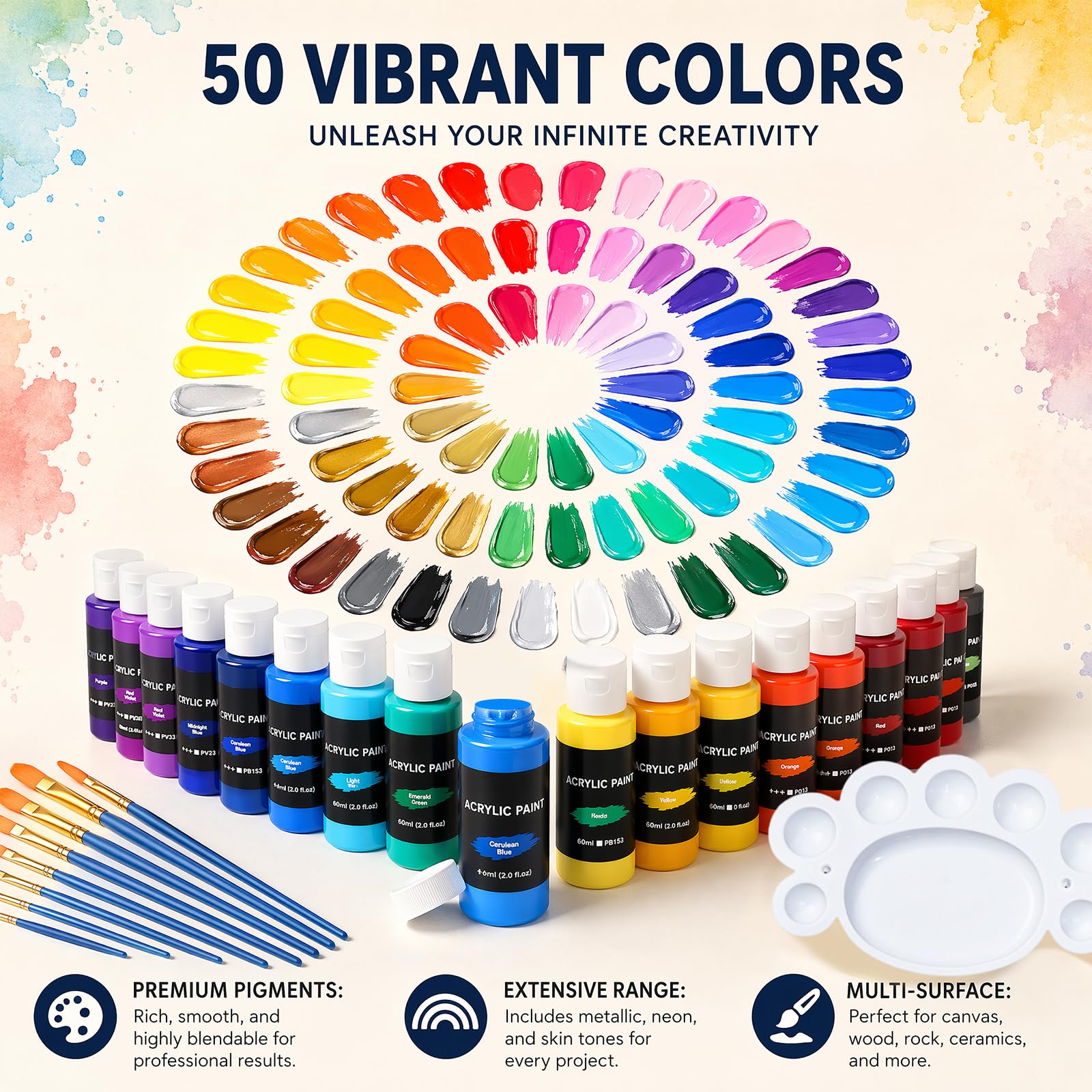 Juego de 50 pinturas acrílicas de 60 ml en botellas, de alta calidad, no tóxicas, resistentes al agua, juego de pinturas acrílicas con pinceles para artistas, estudiantes, adultos, para lienzo, madera