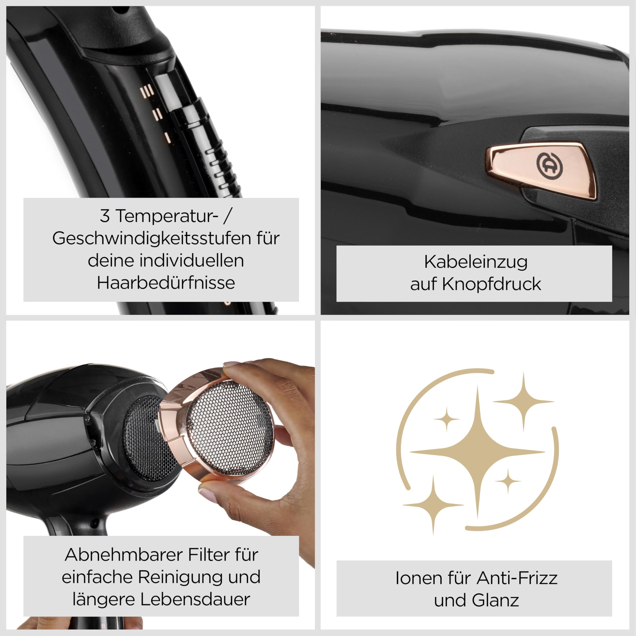 BaByliss Haartrockner Cordkeeper – Leistungsstarker 2000W Föhn mit einzigartigem 1,65m Kabeleinzug, Ionen-Technologie mit Anti-Frizz, 3 Heiz- & 2 Geschwindigkeitsstufen, Schwarz, D373E