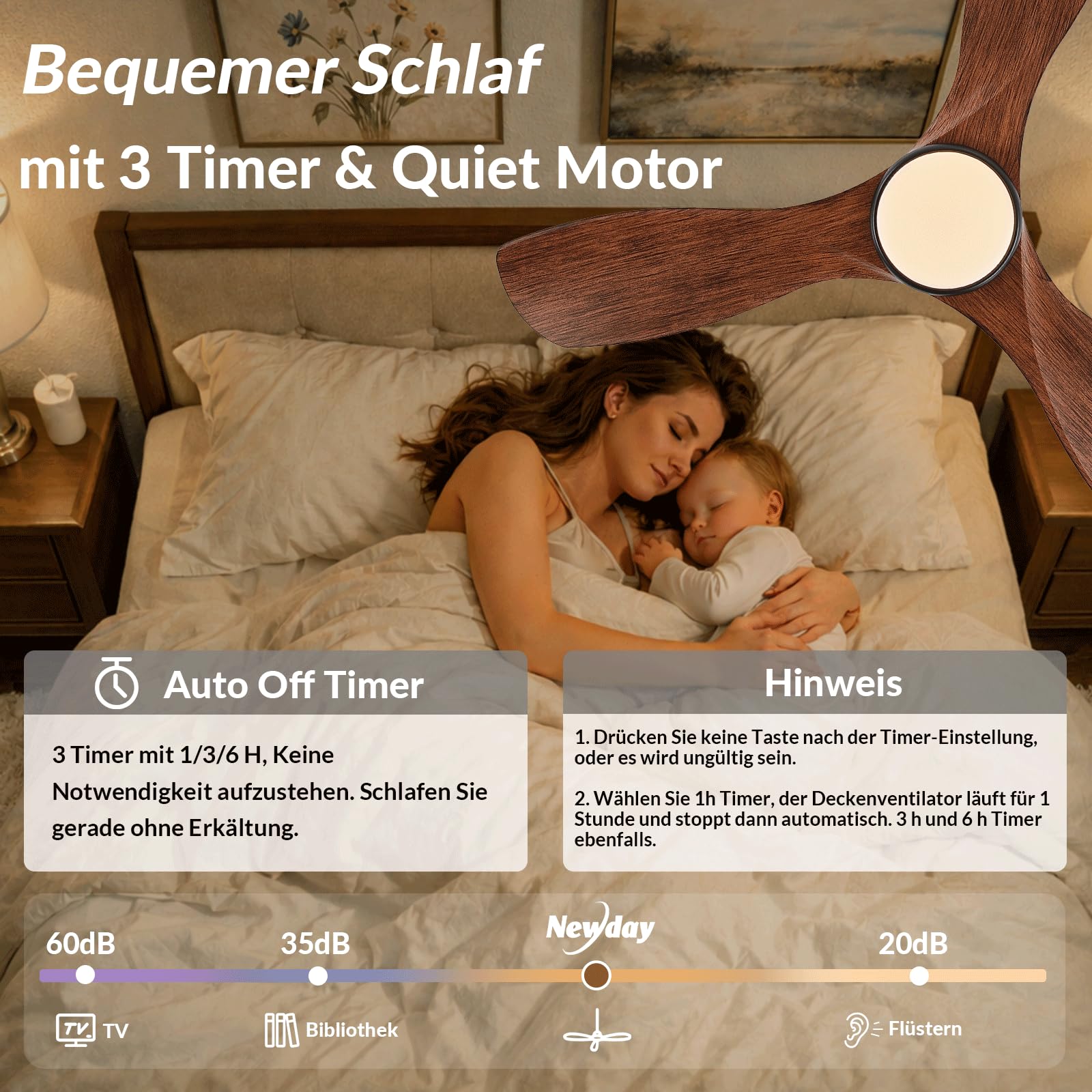 Newday Deckenventilator Holzfarbe mit Licht, 106cm Deckenventilatoren mit Fernbedienung Leise, Ventilator Lampe Decke mit Stufenloser Dimmer, 7 Geschwindigkeiten-Modus, Speicherfunktion, 3 Flügel