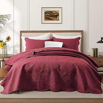 IR Imperial Rooms Twin Quilt Bedding Set Size (68” x 86”) + 1 Pillow Shams (20” x 26” + 2”) - 2 Pcs All Season Lightweight Reversible Microfiber Coverlet Floral Embossed Quilt Bedspread (Burgundy)