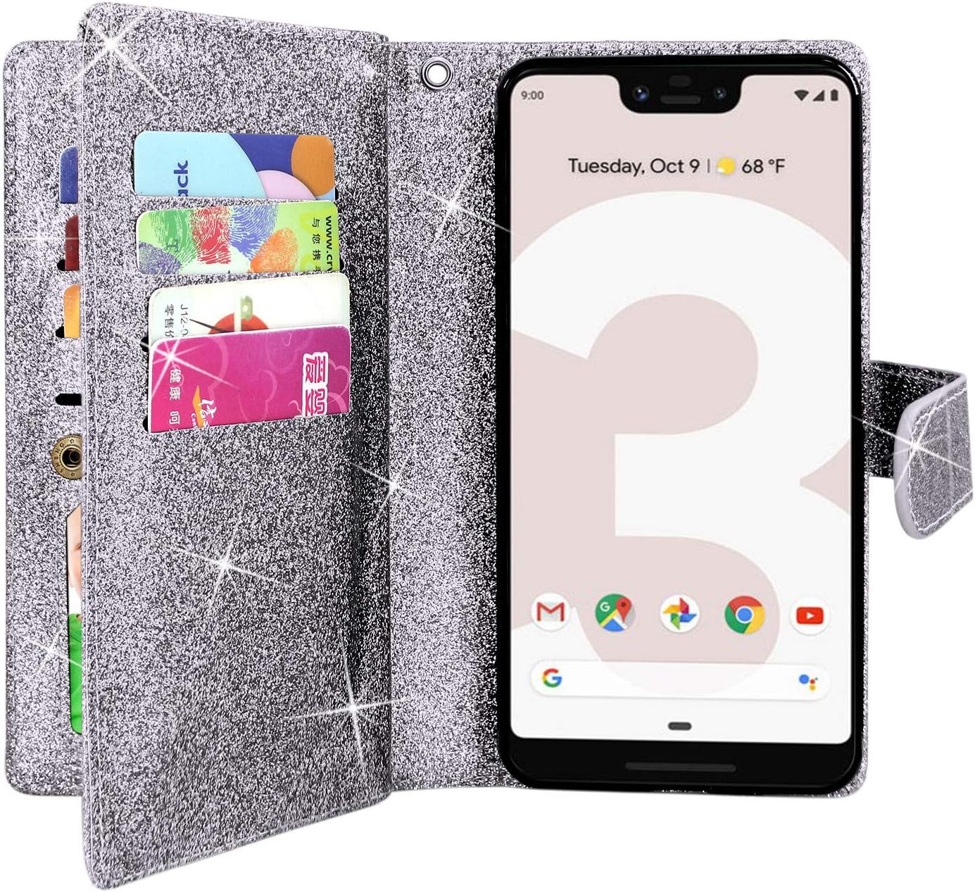 Harryshell Detachable Magnetic 12 Card Slots Wallet Case PU Leather Flip Protective Cover Wrist Strap for Google Pixel 3XL 6.3inch (2018) (Bing Grey)