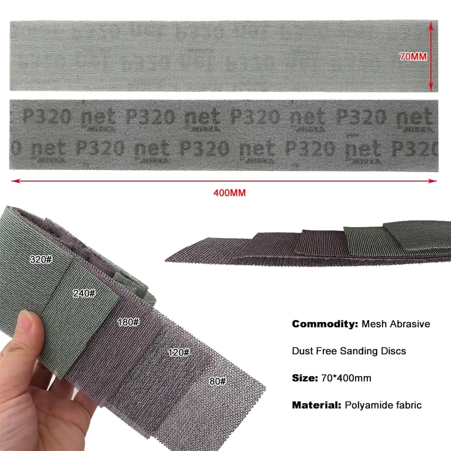 10Pcs Sheets 400 * 70mm Mesh Abrasive Free Sanding Discs Blocking Sandpaper Hook and Loop 80 to 320 Grit(120)