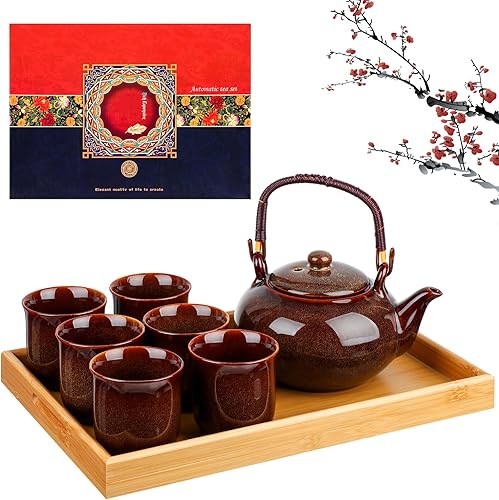 Miniatura 7 de Juego de té asiático en caja de regalo, juego de té japonés con 1 tetera, 6 tazas de té, 1 bandeja de té, tradicional, azul, portátil, japonés,