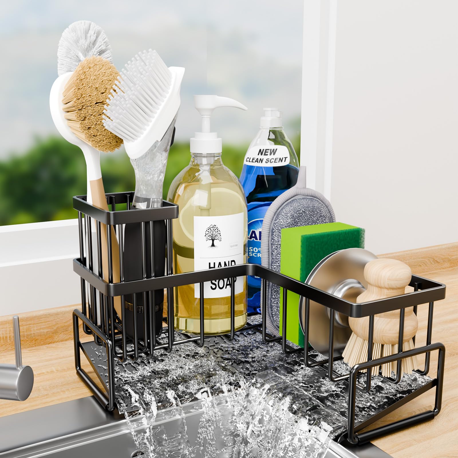 TEAMOLA L-Shaped Kitchen Sponge Holder Extra Large Sponge Caddy for Sink Black Sponge Caddy for Kitchen with Brush