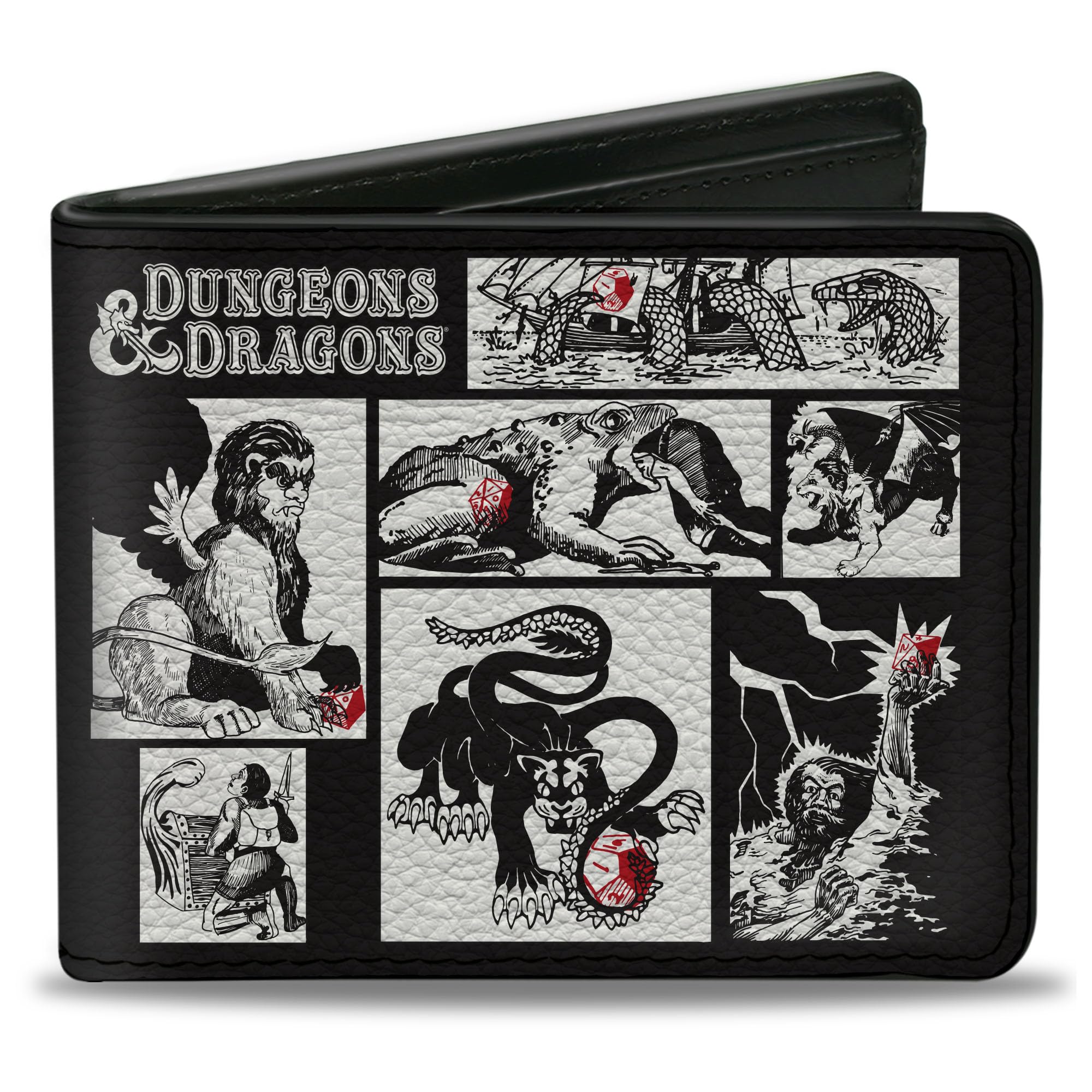 Buckle-Down Wizards of the Coast Wallet, Bifold, Dungeons and Dragons Monster Illustration Blocks2 Black White, Vegan Leather