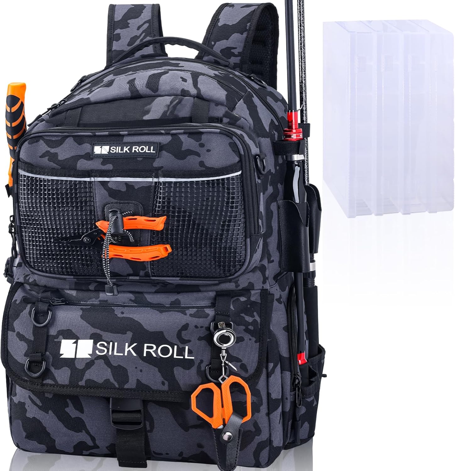 50L Fishing Tackle Backpack with Rod Holder and 4 Included 3600 Tackle Boxes - Waterproof Fishing Backpack for Ultimate Gear Organization and Storage (Black Camo)