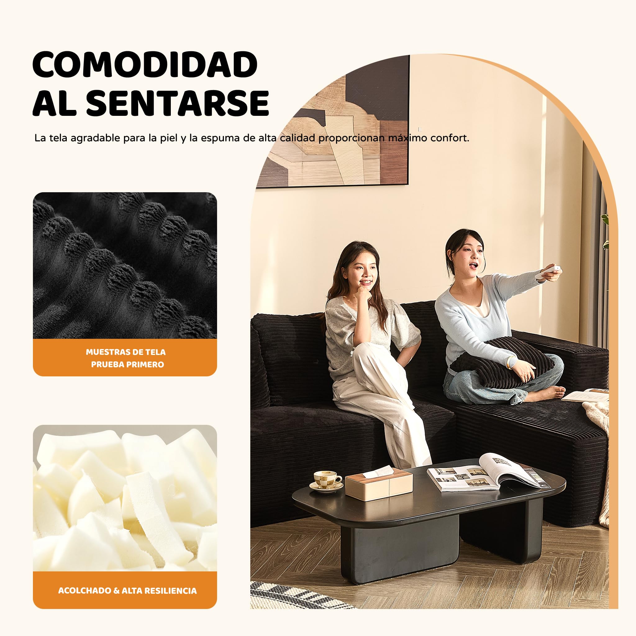 272 cm Sofá Chaise Longue 3 Plazas Modular sin Montaje, Pana, Negro | Configuración Flexible, Asiento Profundo, Espuma de Alta Densidad, Cojines de Respaldo, Para Salón