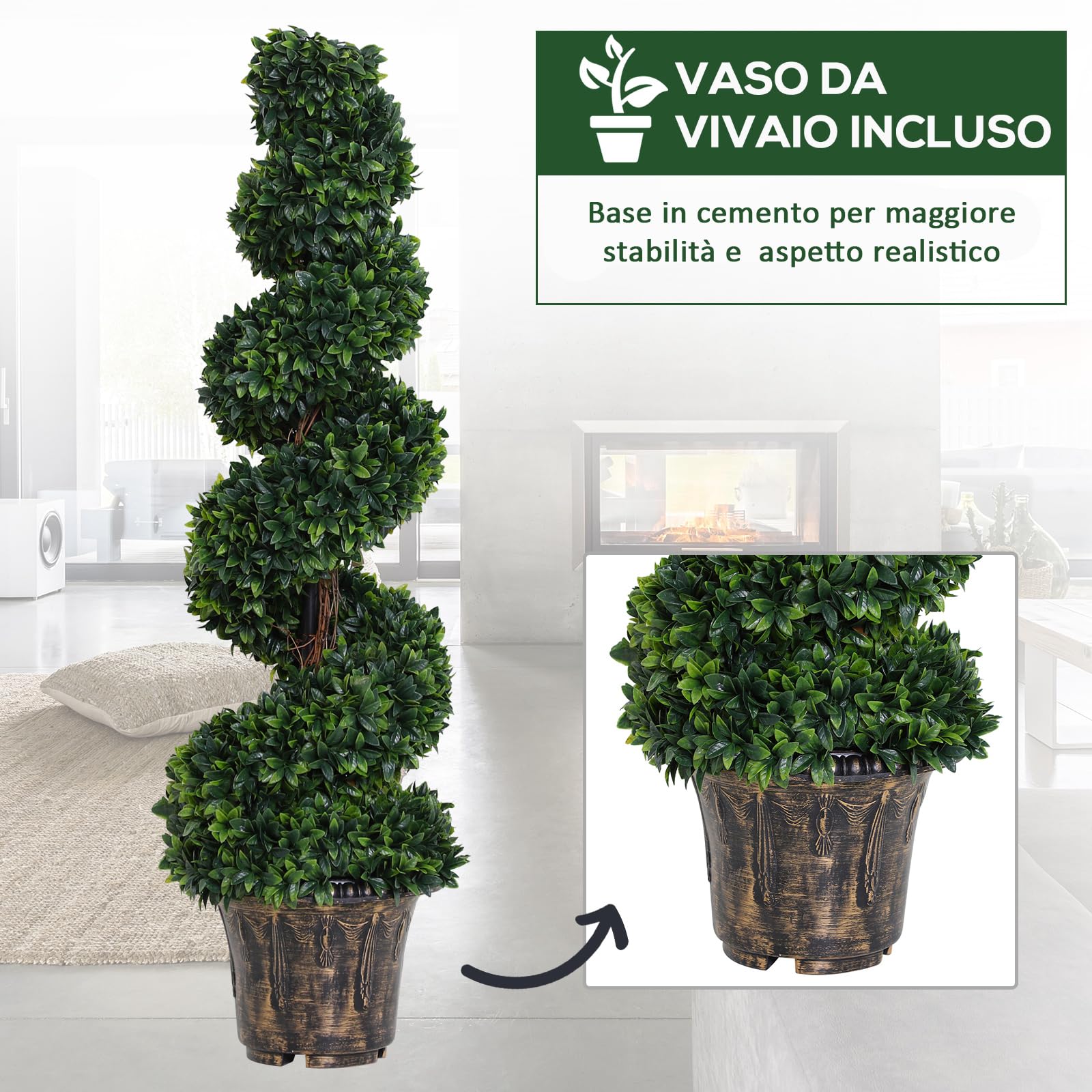 Outsunny Set 2 Piante Finte da Interno di Bosso a Spirale 120cm Verde | Piante Artificiali per Interno ed Esterni, Vaso Incluso, Pianta Finta per Decorazione Casa, Ufficio, Soggiorno, Giardino