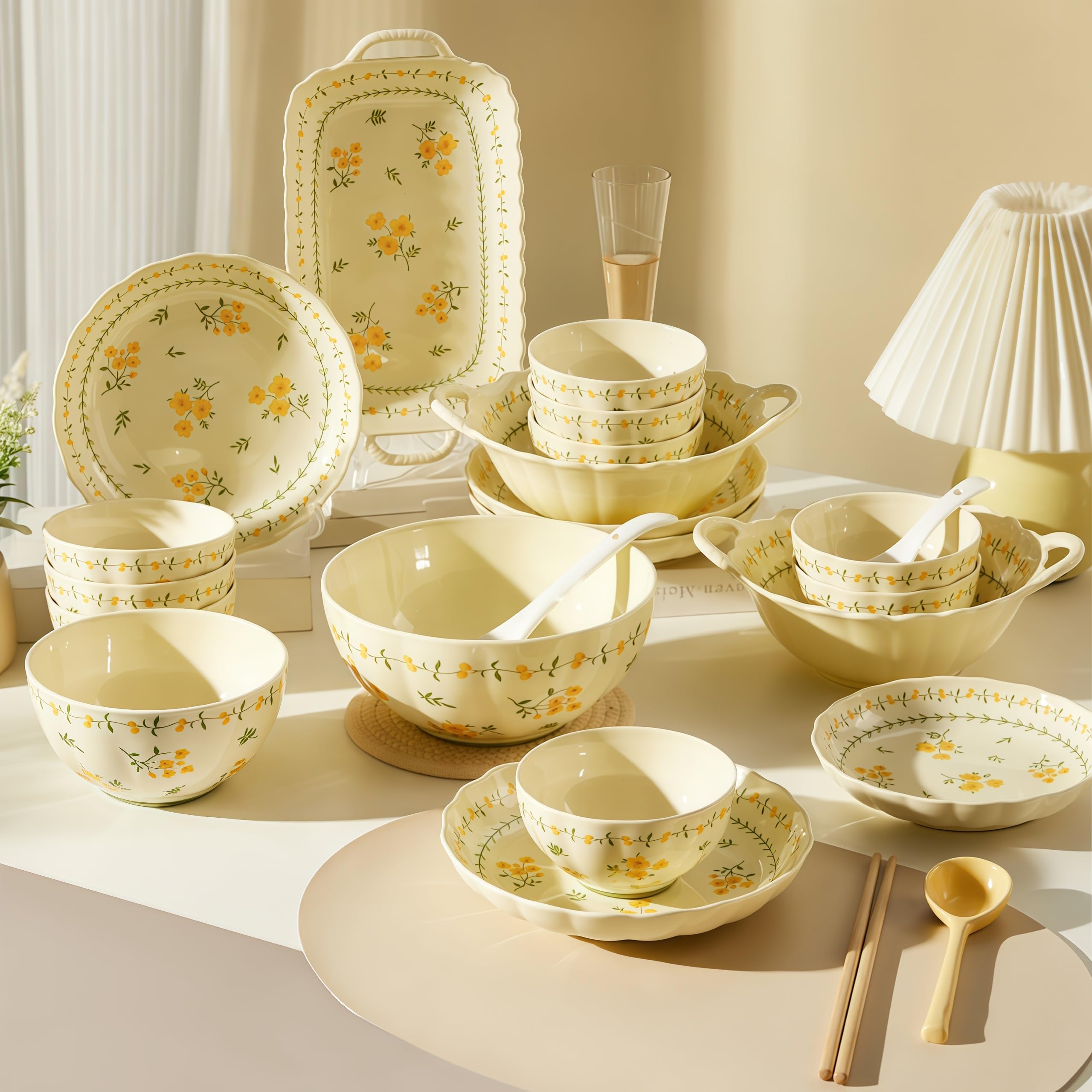 Porcelanowy zestaw zastawy stołowej dla 2 osób, talerze kamionkowe, miski garnek do zupy, łyżki, pałeczki, elegancka jadalnia, 13 sztuk