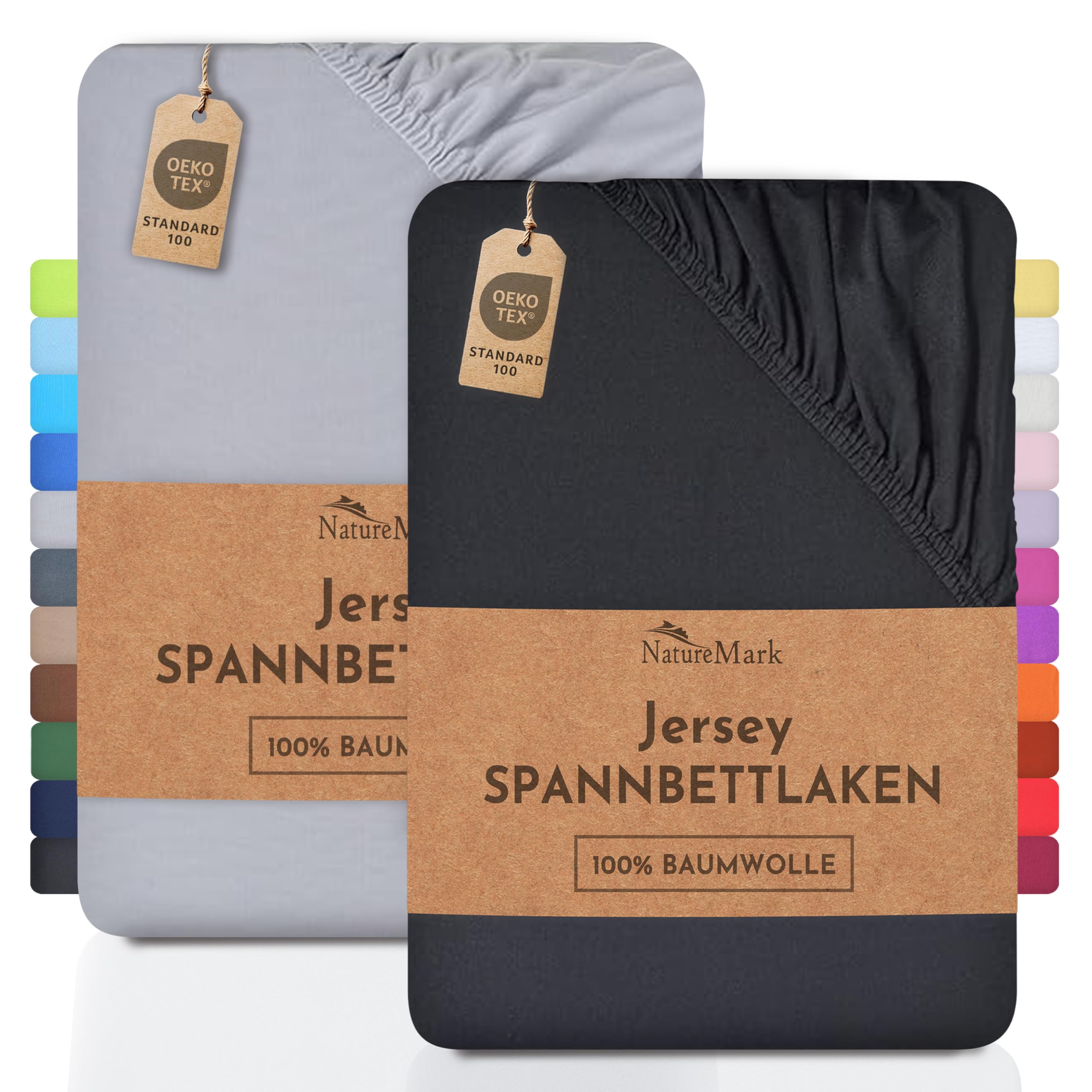 NatureMark 2er Pack Jersey Spannbettlaken 100% Baumwolle Schwarz/Silber 140x200 cm - 160x200 cm | ÖKOTEX Standard 100