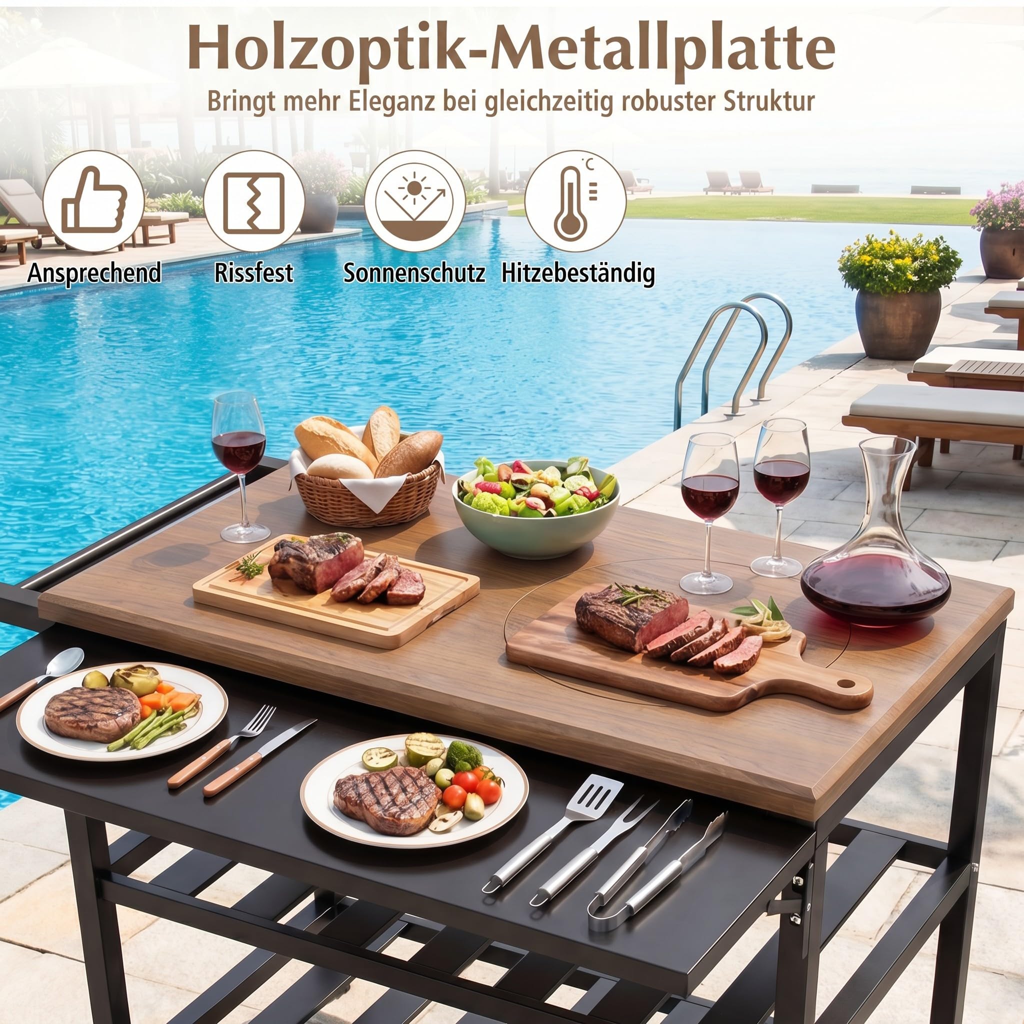 COSTWAY Grillwagen Outdoor, Grilltisch auf Rollen, Servierwagen mit Holzkohlegrill, klappbarem Seitentisch, Arbeitsfläche Holzoptik & 2 Ablagen, Metall, für BBQ Garten Terrasse, 94,5x75x78,5 cm, Braun