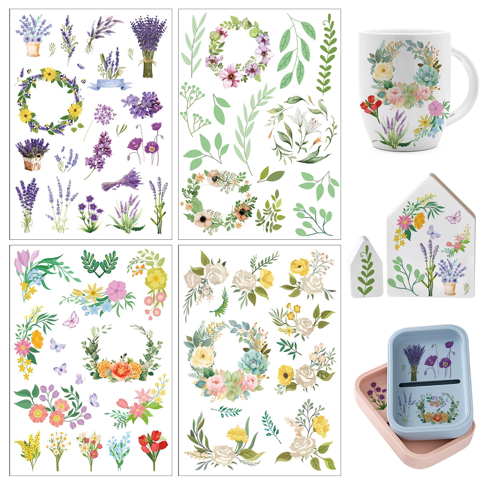 4 Blatt A5 Rub On Sticker Blumen, 21x14cm Transferaufkleber Selbstklebend Folie Blume, Frühling, Sprüche für Glas Holz Möbel Scrapbooking