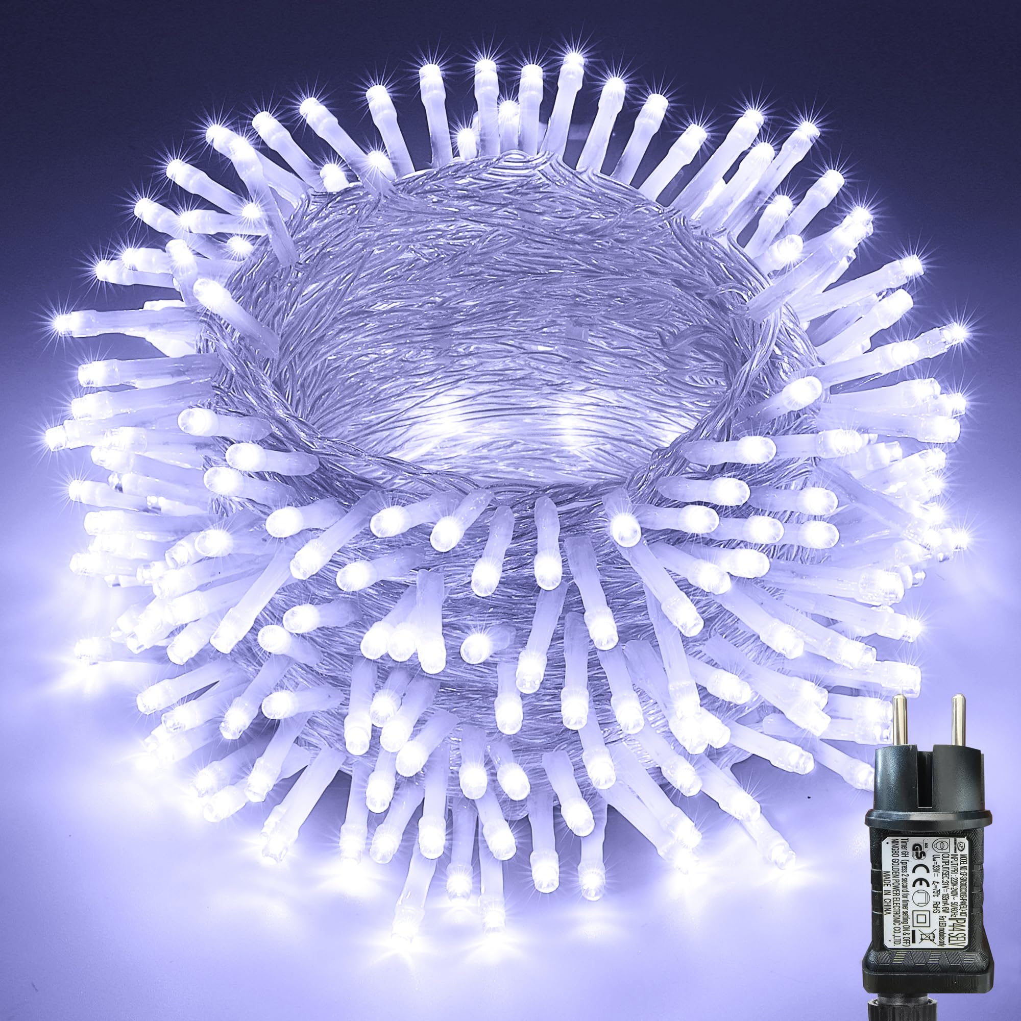 Moxled Lichterkette Außen 10m 100LED, Weiß Lichterkette Außen Strom mit Timer Speicherfunktion, Transparente Kabel, Wasserdicht 8 Modi Weihnachtsbeleuchtung für Außen Innen Garten Baum Weihnachten