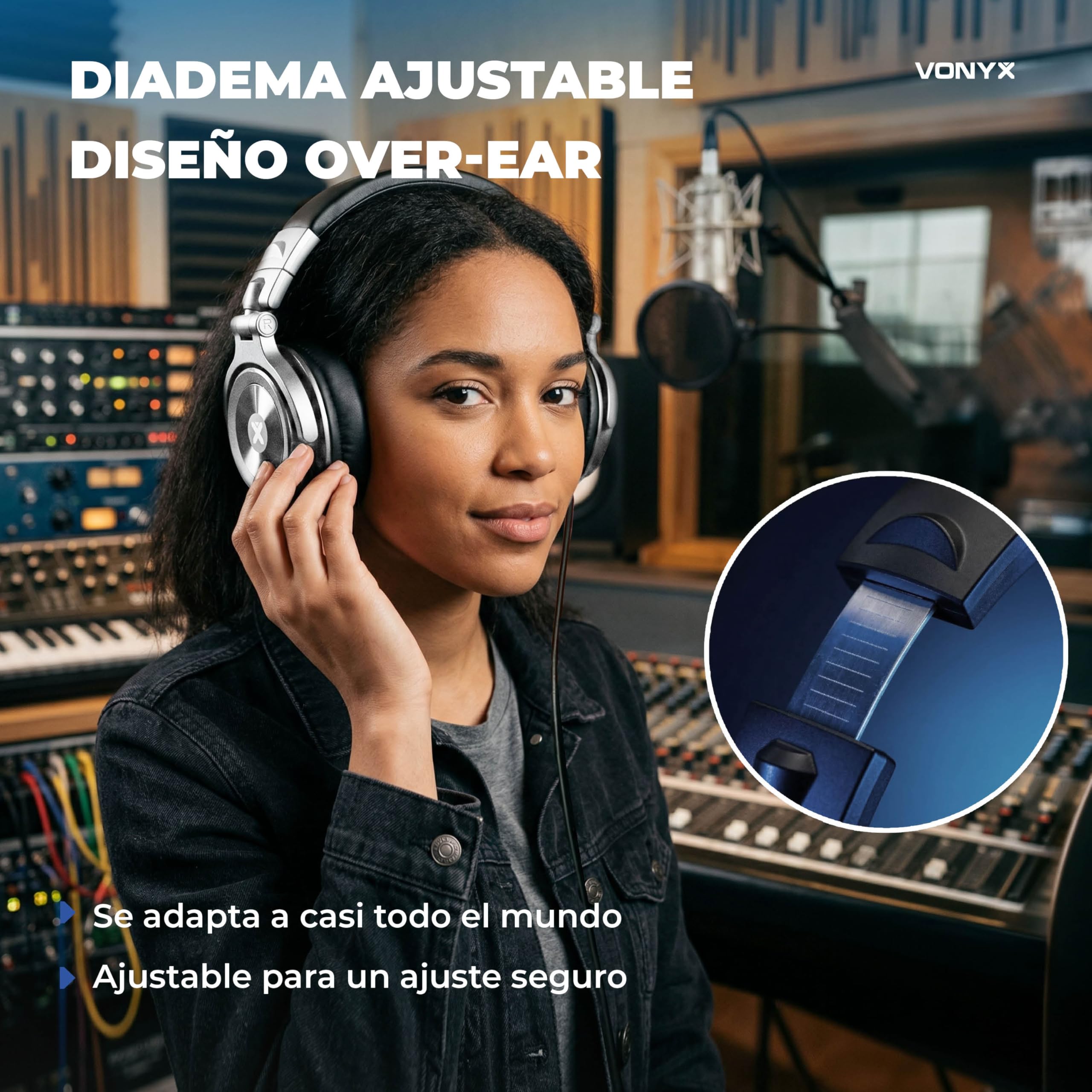 Vonyx HDX200SL – Auriculares DJ Premium con Drivers 50 mm, Jack 3,5 y 6,3 mm, Cable Reversible, diseño Plegable y Bolsa Transporte para música y Estudio Profesional, Color Aluminio