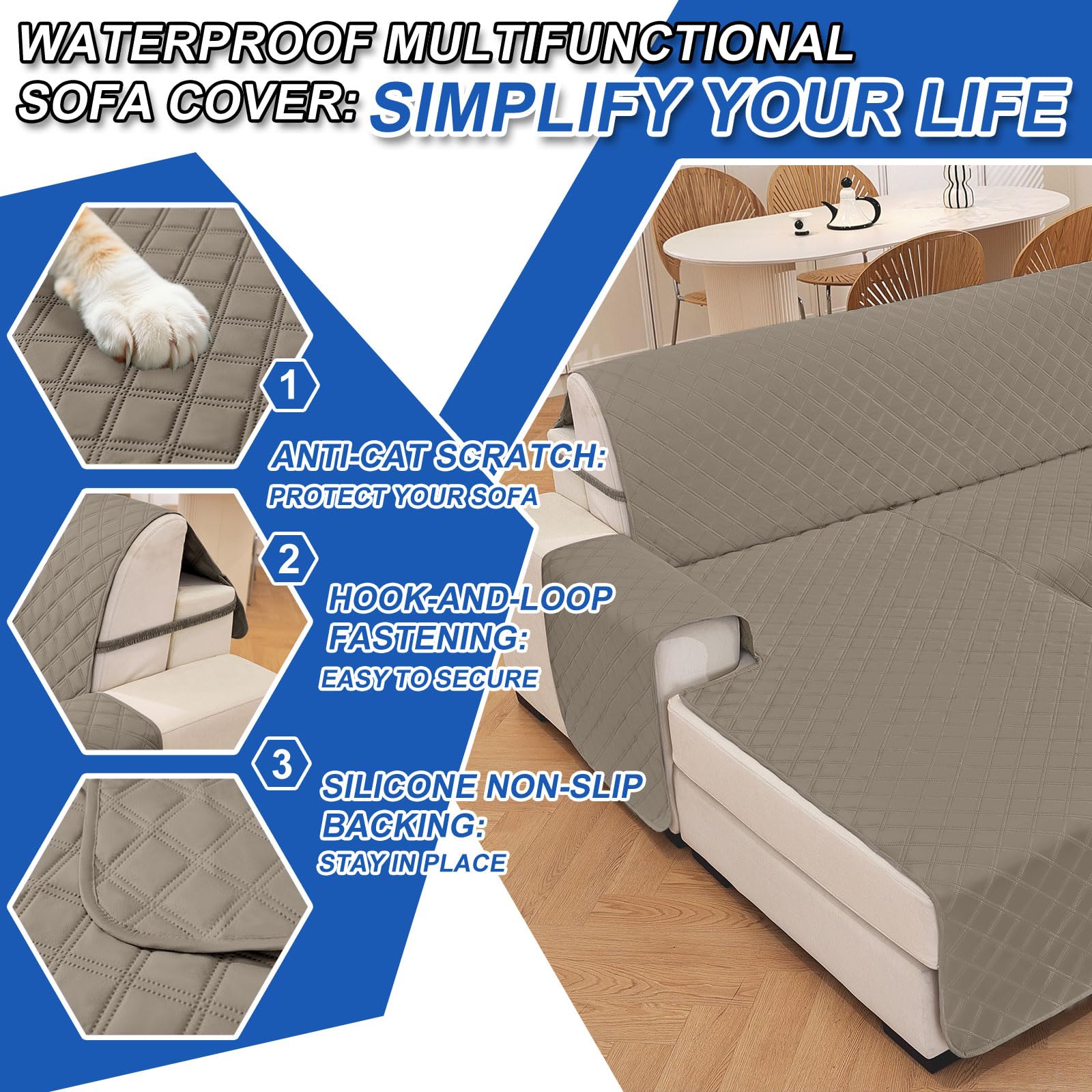 YSTELLAA 100% Impermeabile Copridivano 2 Posti Con Penisola(L 210 CM), Copridivano Angolare Destra/Sinistra Universale Reversibile, Fodere Divano Forma L Antigraffio, Cachi