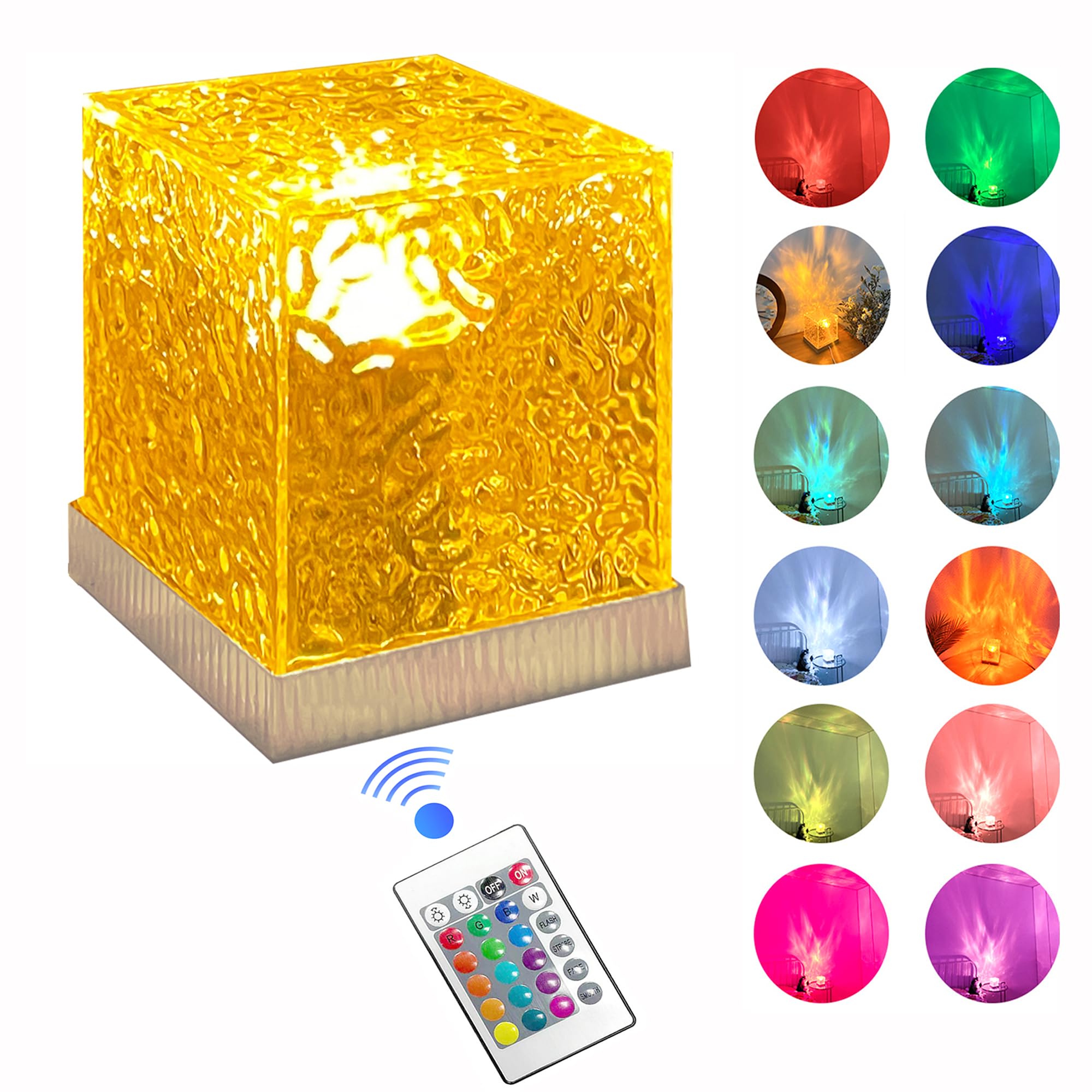 Water Effect Light Dynamic Rotating Water Ripple Night Light with Remote Control 16-Color Rotating Water Ripple Light Crystal Projector for Living Room,Study, Bedroom (White)