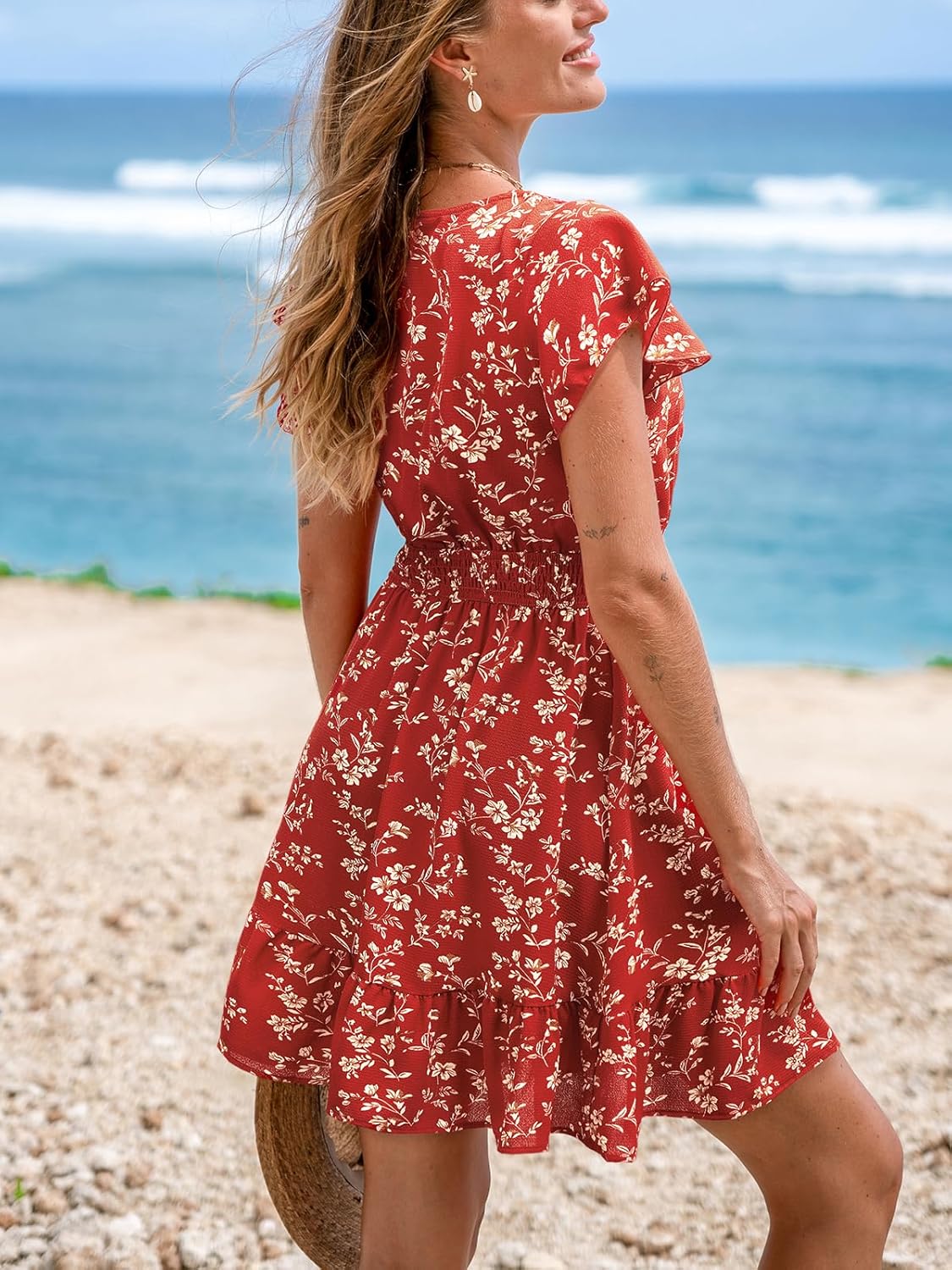 CUPSHE Women's Summer Floral Mini Dress Ruffle Trim Short Sleeve Smocked Waist Beach Short Dress - Image 2