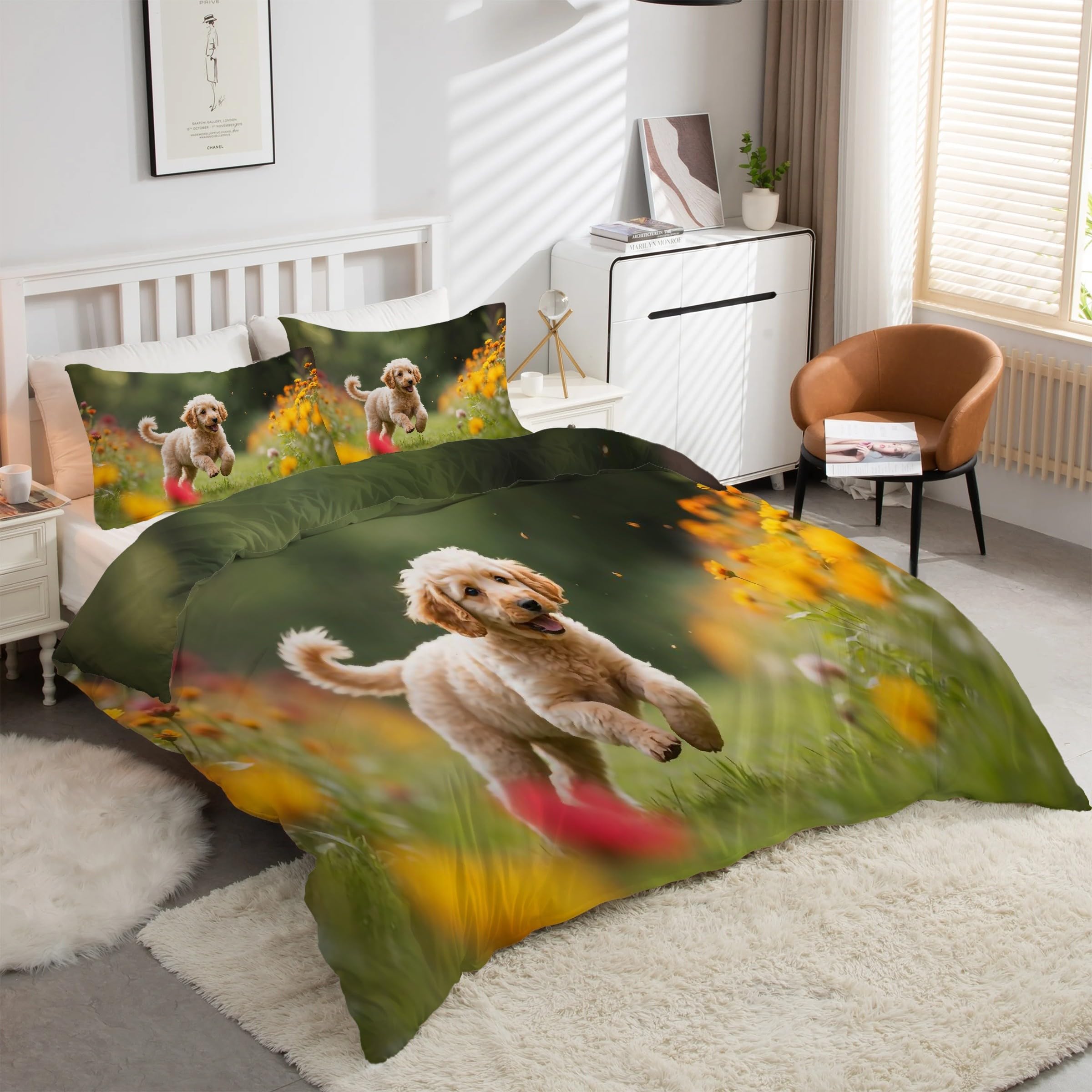 Housse de couette 240x260 Golden Retriever avec 2 taies d'oreiller microfibre douce