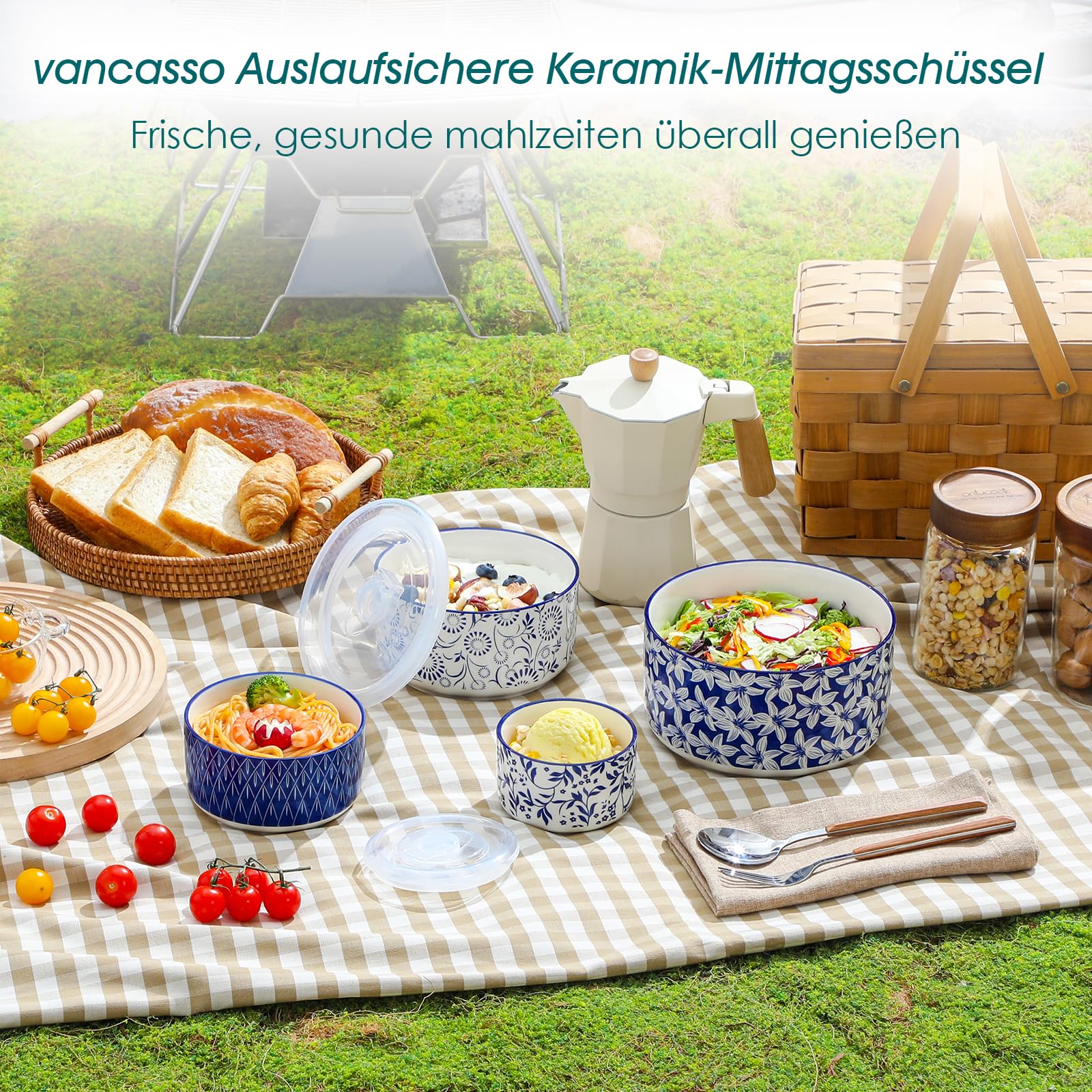 Salatschüssel mit Deckel 4 teilig, vancasso Müslischalen Keramik, Servierschalen Blau-Weiß, Schüssel mit Deckel für Müsli, Salat, Suppe, Ramen