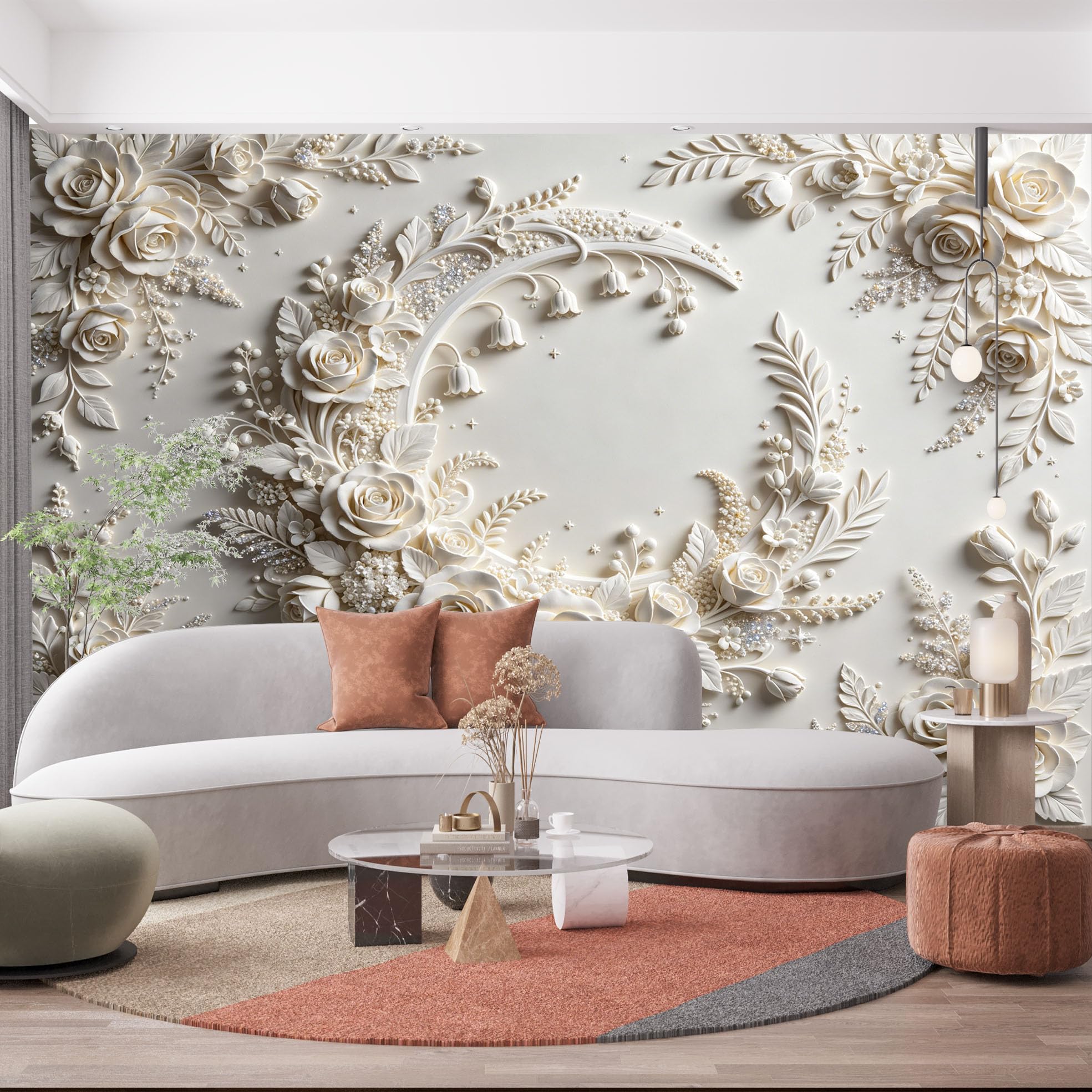 3D Relief Wandbild „Halbmondrose“ 350 x 256 cm Vliestapete mit Blumenmuster, cremefarben, romantisches Blumenpanorama, Fototapete für Schlafzimmer, Wohnzimmer, Wanddekoration, Halbmondrose, 350 x 256