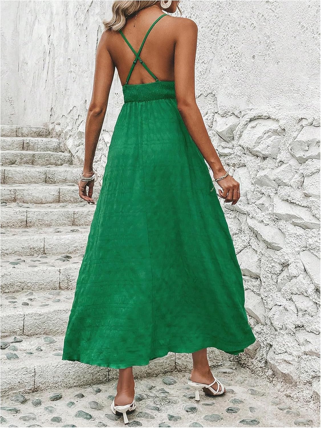 Milumia Women's Summer Smocked Cami Maxi Dress Boho V Neck Spaghetti Strap A Line Flowy Beach Long Sundress - Image 2