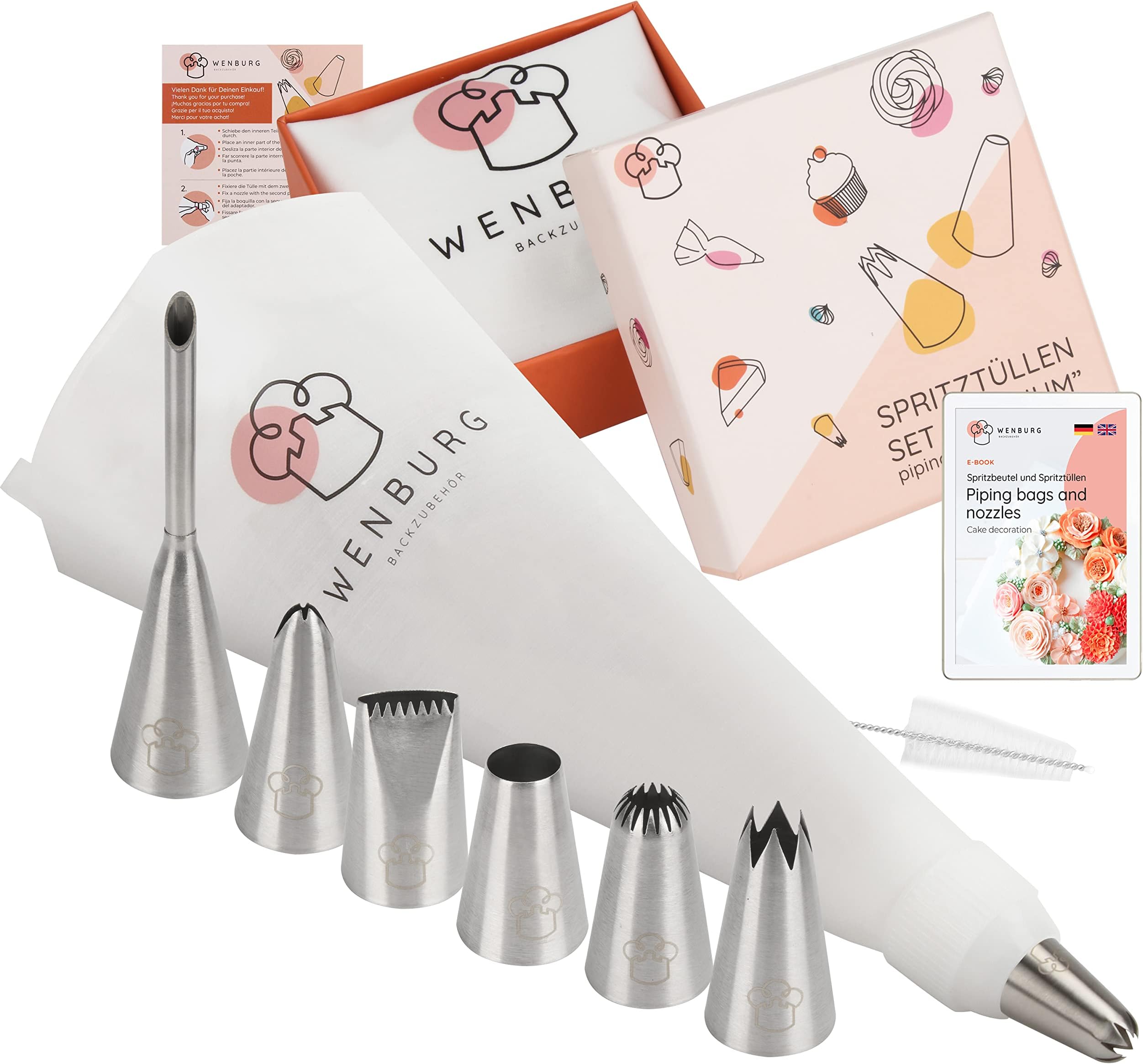 Wenburg Large Piping Nozzle Set - 7 Large Icing Nozzles for Cake Decorating - Cotton Icing Bag - Coupler I Professional Cupcake, Cake Decoration Piping Tips (Premium)