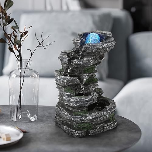 Miniatura 2 de WICHEMI Fuente de mesa para interiores, fuente de cascada, rocas apiladas, función de agua, Feng Shui, meditación zen, fuente de escritorio con luz