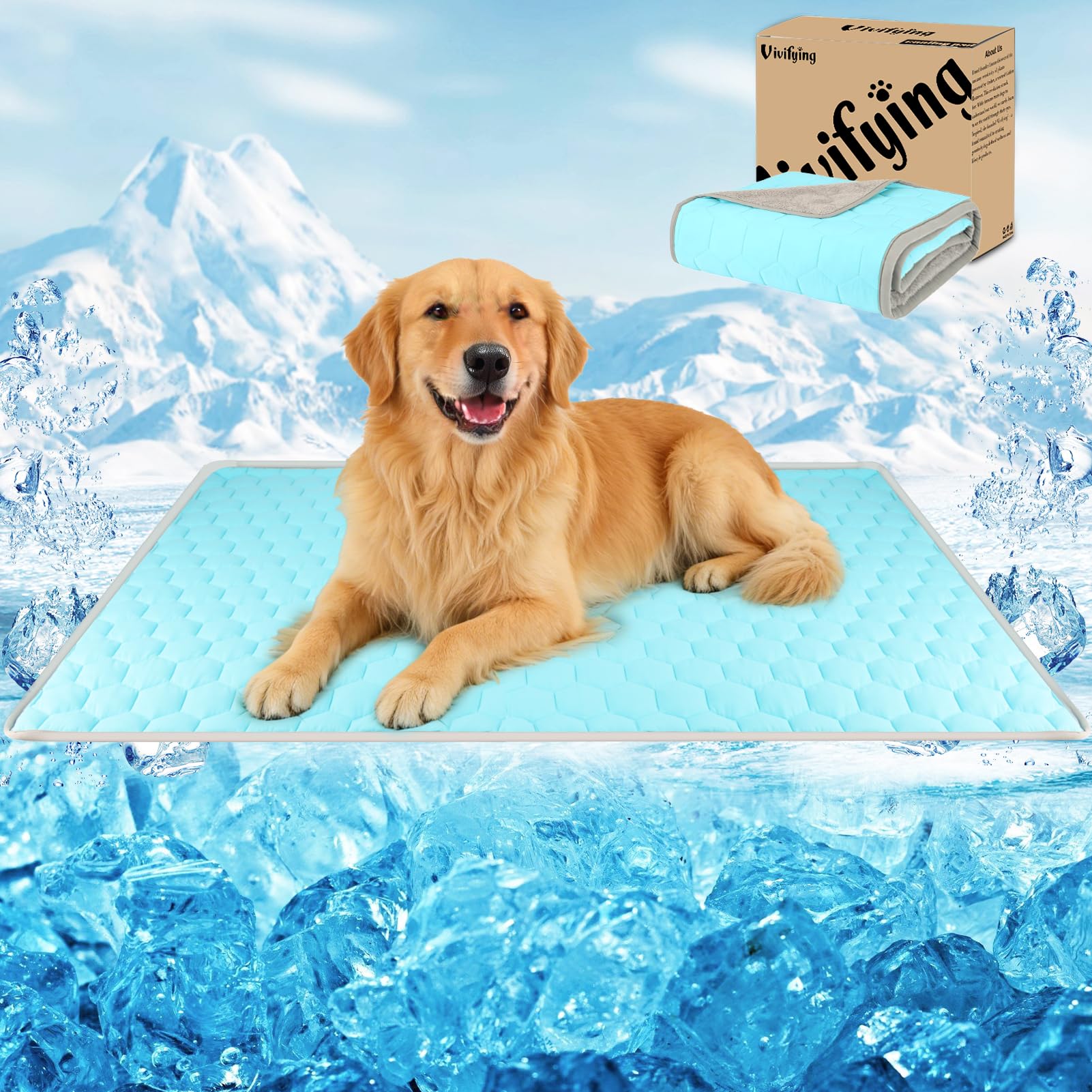 Vivifying Cooling Blanket for Dogs, Reversible Ice Silk Dog Cooling Mat with Soft Plush Backing, Summer Pet Blanket Throw for Couch Bed Crate Floor Travel, 40 x 60 Inch (Blue&Grey)