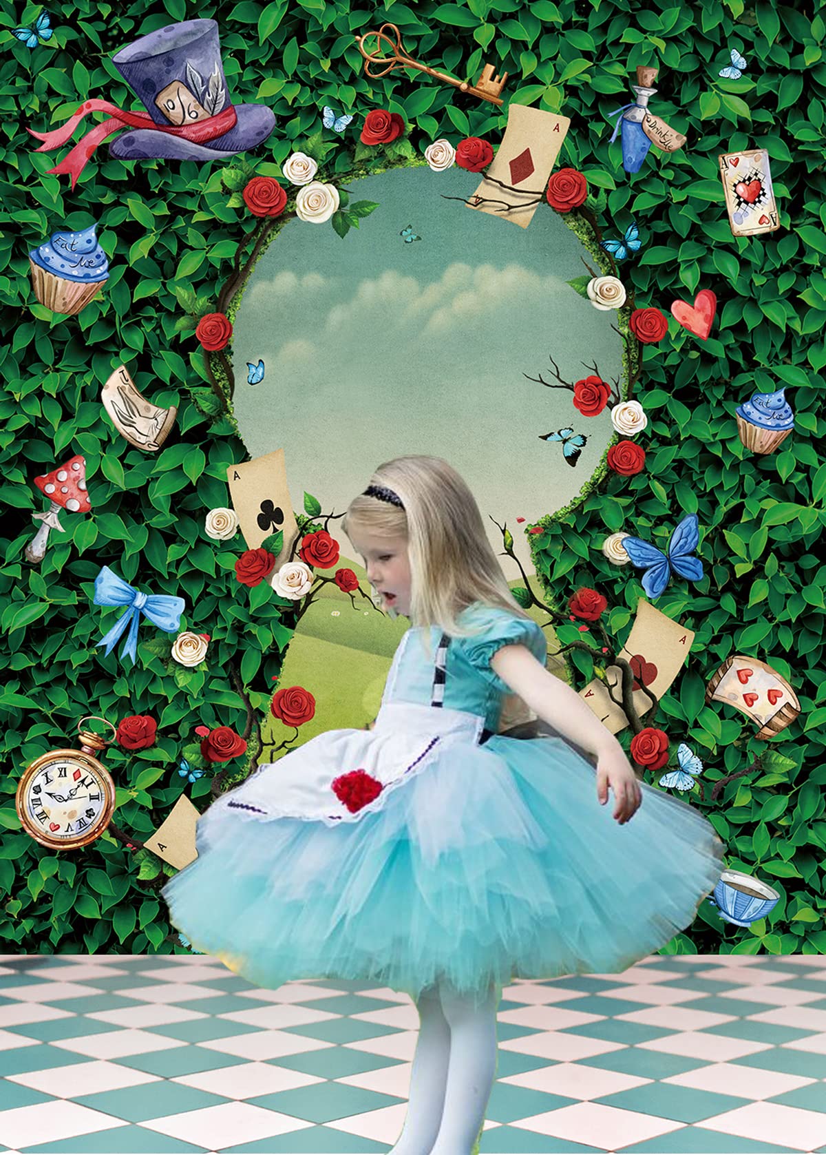 Wonderland, sfondo per feste di tè, foglie verdi, rosa, cappello magico, decorazione a scacchiera, ragazza, compleanno dei bambini, oggetto di scena (1,8 x 2,4 m)