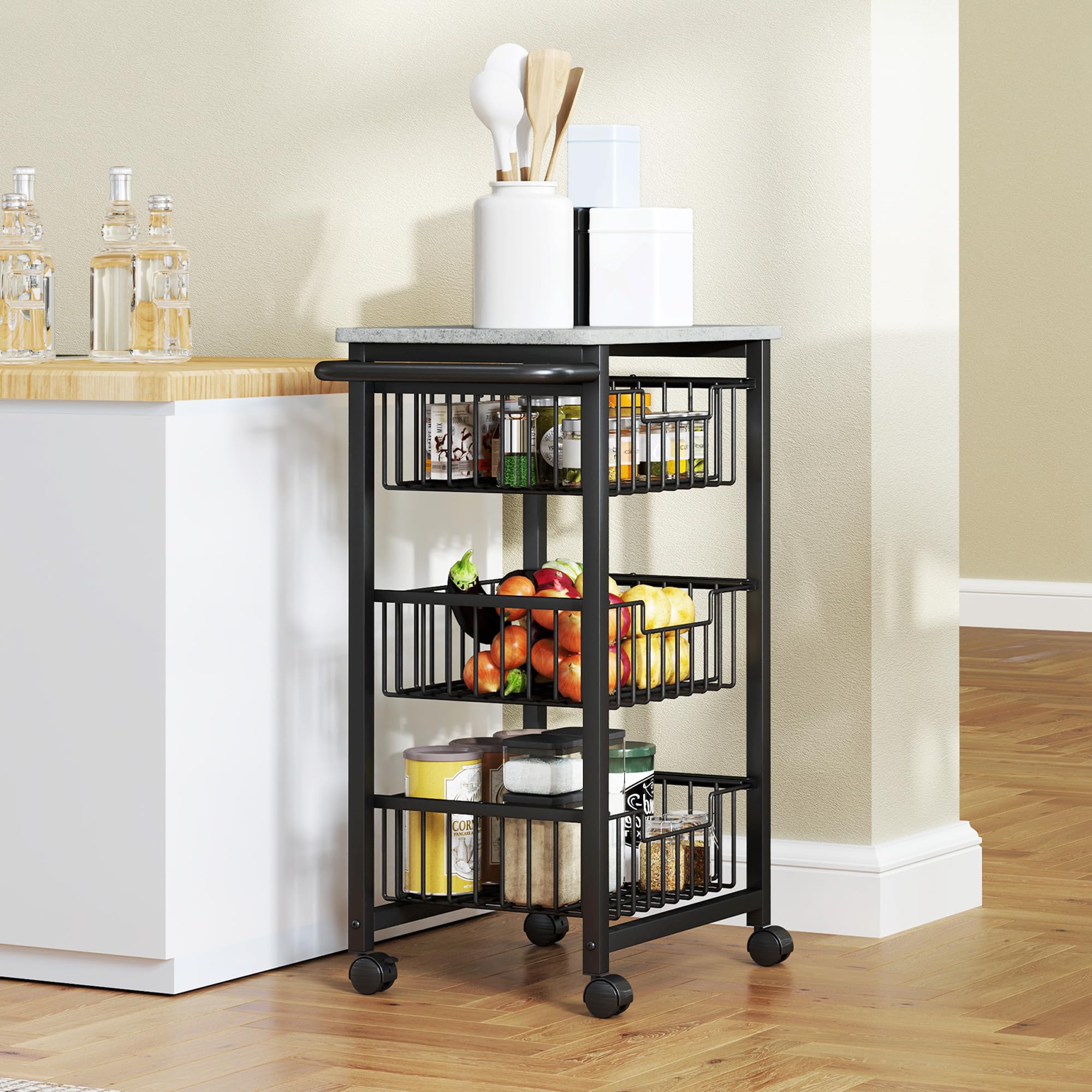 HOMCOM Carrello Cucina a 4 Ripiani, Carrellino Cucina Salvaspazio con Cestini Estraibili, Maniglia in Acciaio e Ruote a Freni, Carrello Portafrutta e Verdure, per Soggiorno Salotto, Grigio