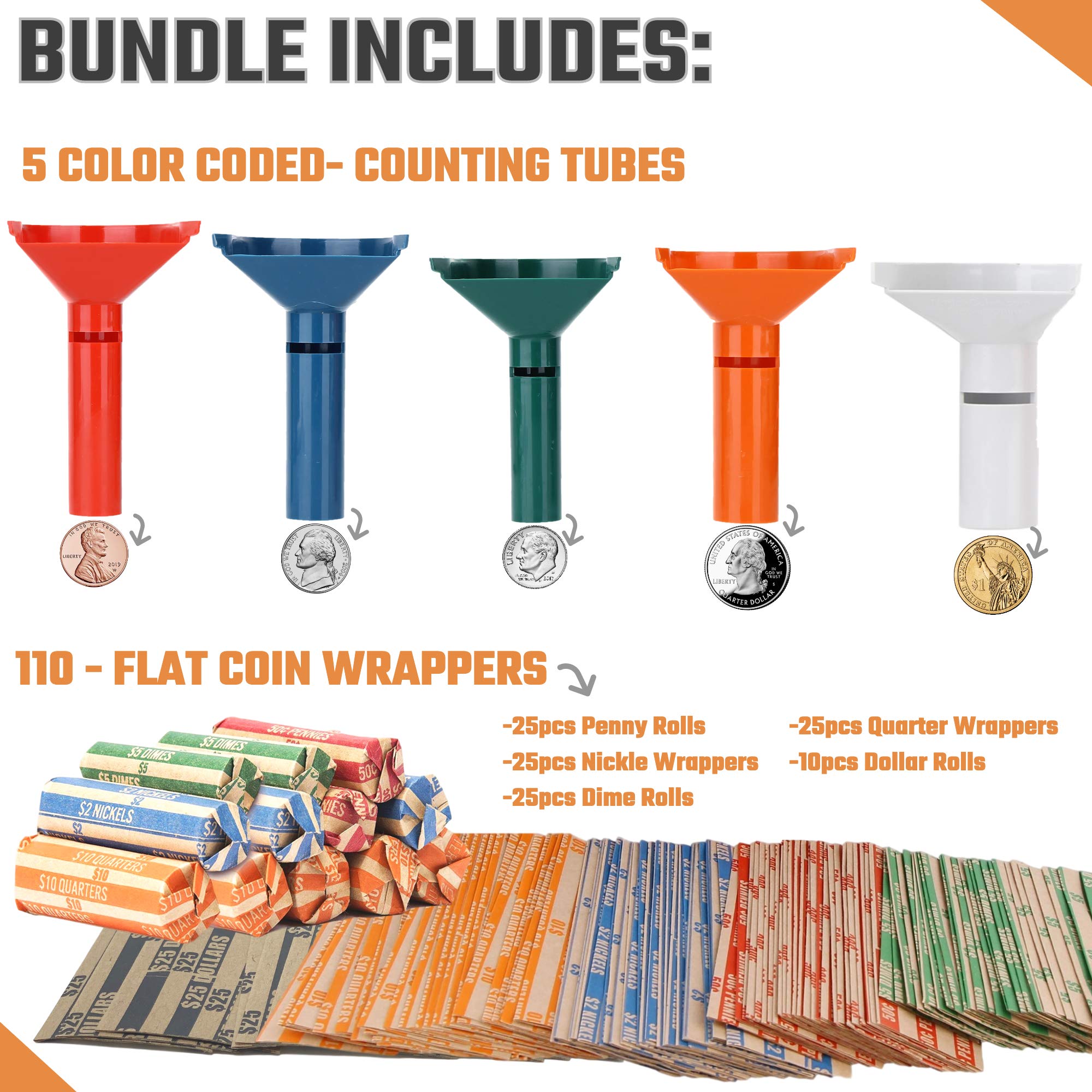 Coin Counters & Coin Sorters Tubes Set Of 5 ColorCoded