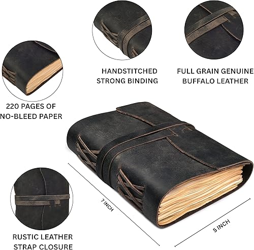Vista 45 de LEATHER VILLAGE Diario encuadernado en cuero, marrón rústico, 7 x 5 pulgadas, 220 páginas, diario vintage de papel en blanco para escribir, dibujar