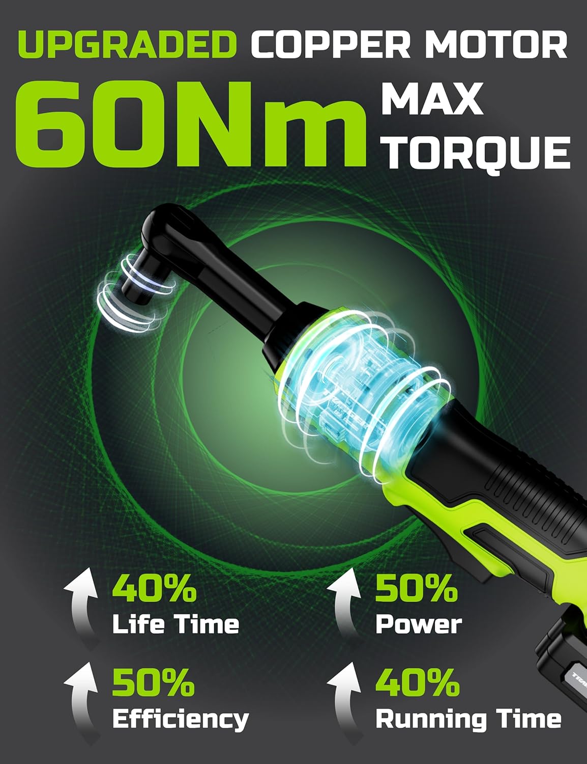 TRANGER Electric Ratchet,Battery Ratchet Wrench 3/8 with a 2000mAh Lithium-Ion Batteries,Max Torque 60N.m(44.25 ft-lbs),Variable Speed power ratchet wrenches for Household, construction site image 2 of 8 B0DZVDGHK7