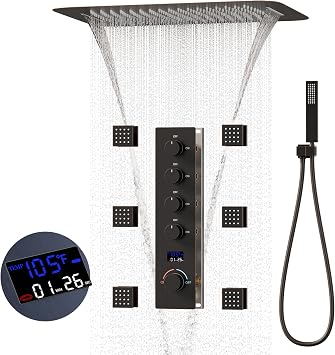 Temperature Shower System with 6 Body Jets 16 X 24 in. Bathroom Shower Faucet Set Ceiling Mount Multi Function Rainfall Waterfall Shower Head Digital Display Oil Rubbed Bronze Shower System