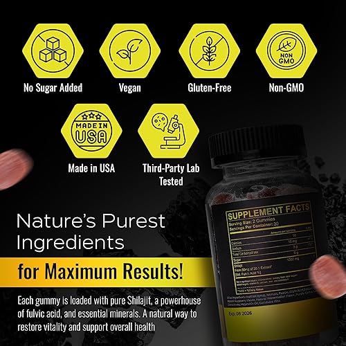 Miniatura 7 de Gomitas Shilajit del Himalaya puras  1000 mg de Shilajit para hombres y mujeres  Apoyo energético, inmunológico y hormonal  Más de 85 minerales