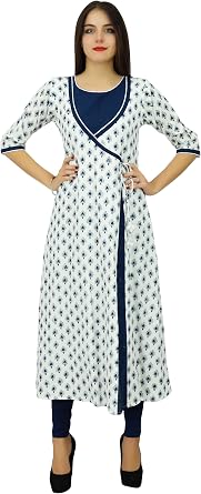 Bimba Womens White Angrakha Style Cotton Kurta Designer Indian Kurti Summer Party Day Clothing