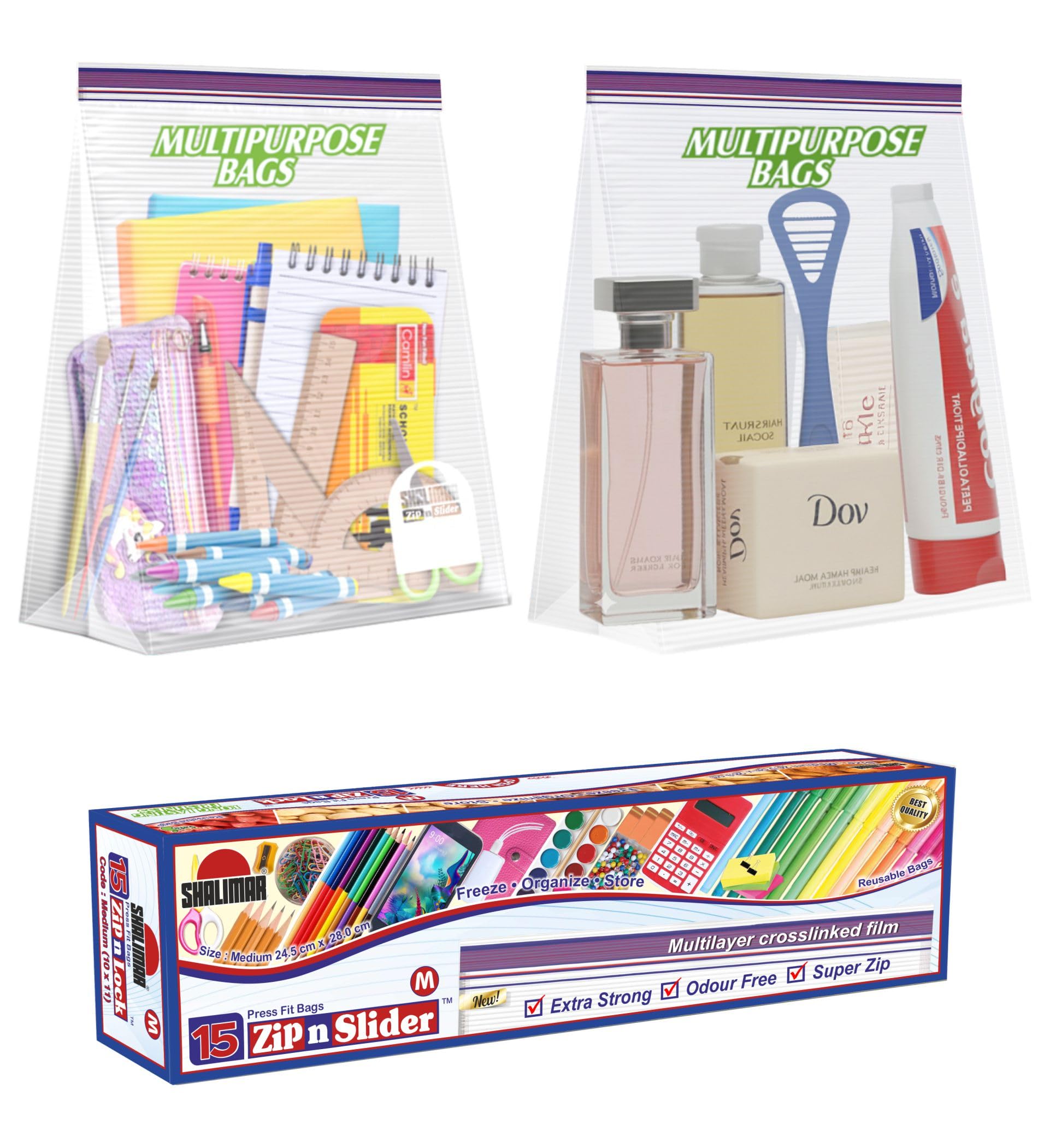 Shalimar Zip 'N' Lock Bag Press Fit Size Medium Zip Lock/Vegetable/Fridge/MultiPurpose Storage Bag Pack of -1 (15 Bags)