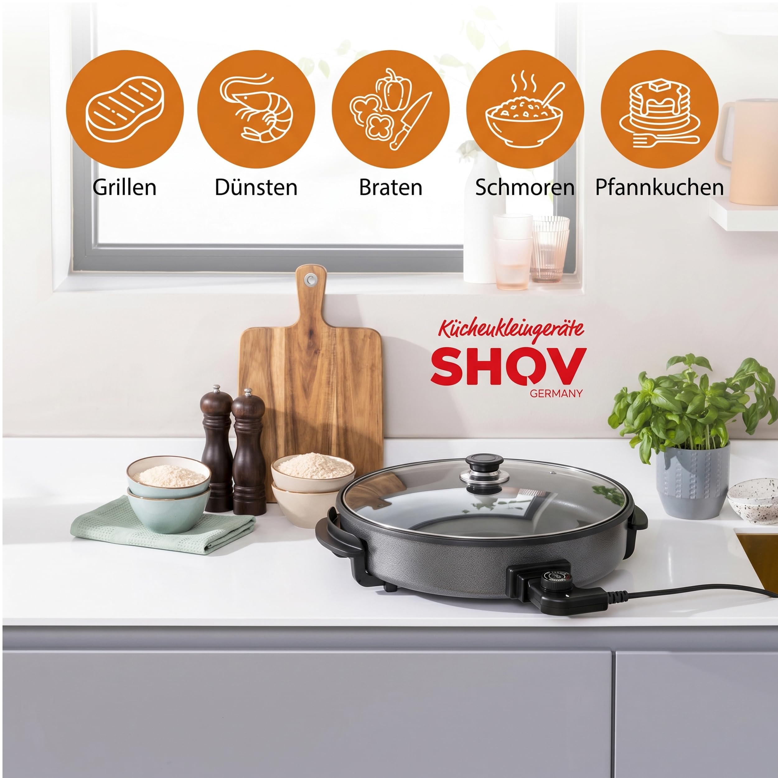 Shov Poêle à pizza électrique et cocotte multifonction, taille XL, 48 cm de diamètre, 7 cm de profondeur, avec revêtement antiadhésif et couvercle en verre, 1500 W, thermostat réglable pour pizza