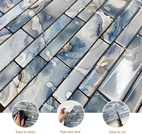 Miniatura 5 de Azulejos autoadhesivos extraíbles de 10 hojas para despegar y pegar, piedra de mármol azul, para cocina y baño, 12 x 12 pulgadas