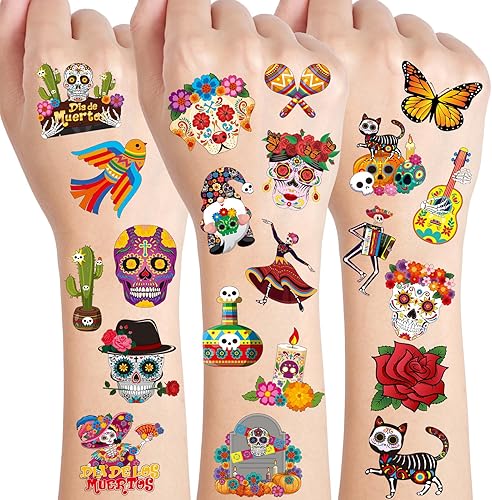 DPKOW 96 piezas de tatuajes temporales del Día de los Muertos para niños, tatuajes de Día de los Muertos, impermeables, para festivales mexicanos,