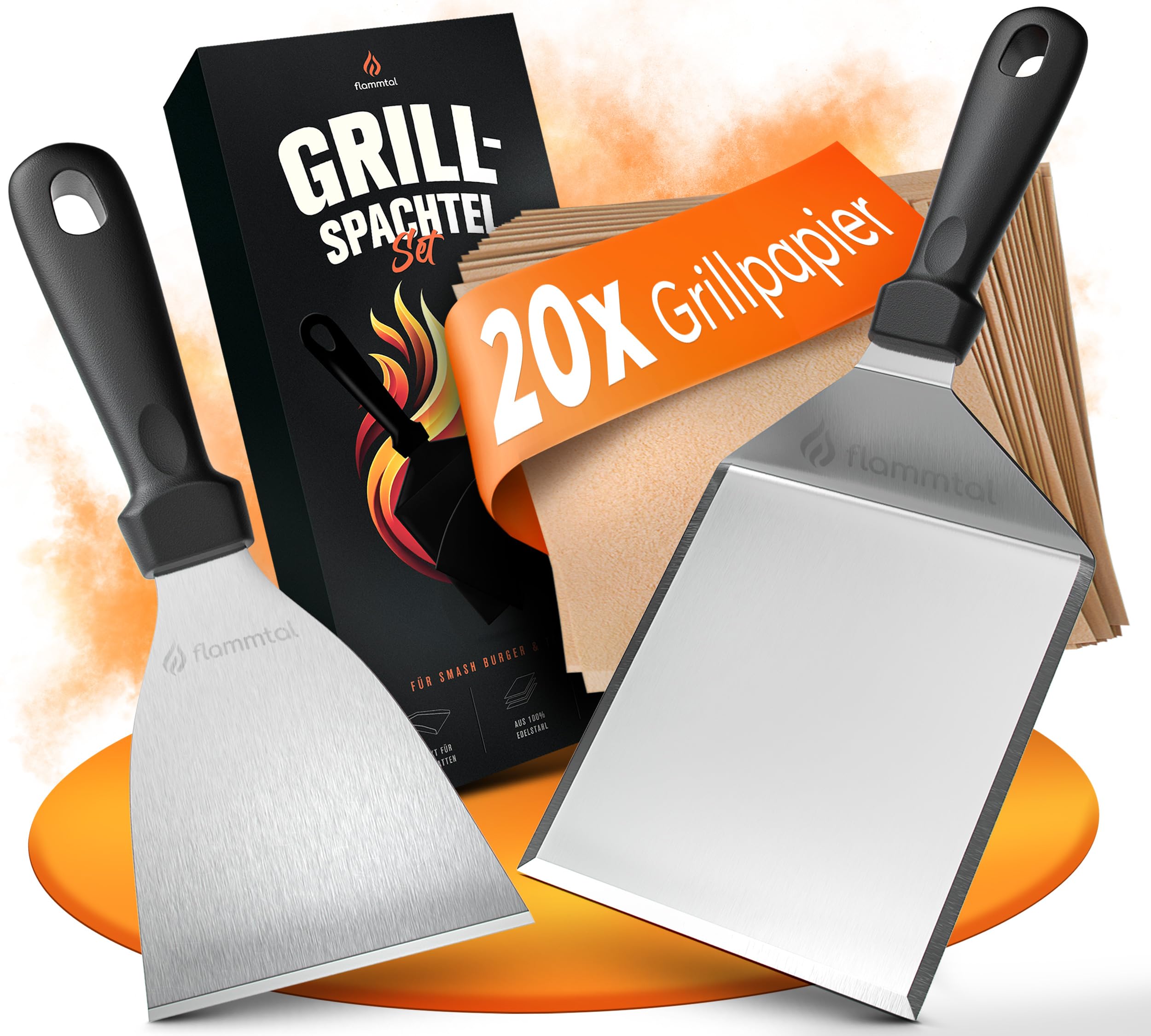 flammtal [L'originale] – Set di 20 pezzi di carta per hamburger – Set di spatole per barbecue in acciaio inox – Spatola Plancha di alta qualità – Spatola per barbecue lavabile in lavastoviglie per