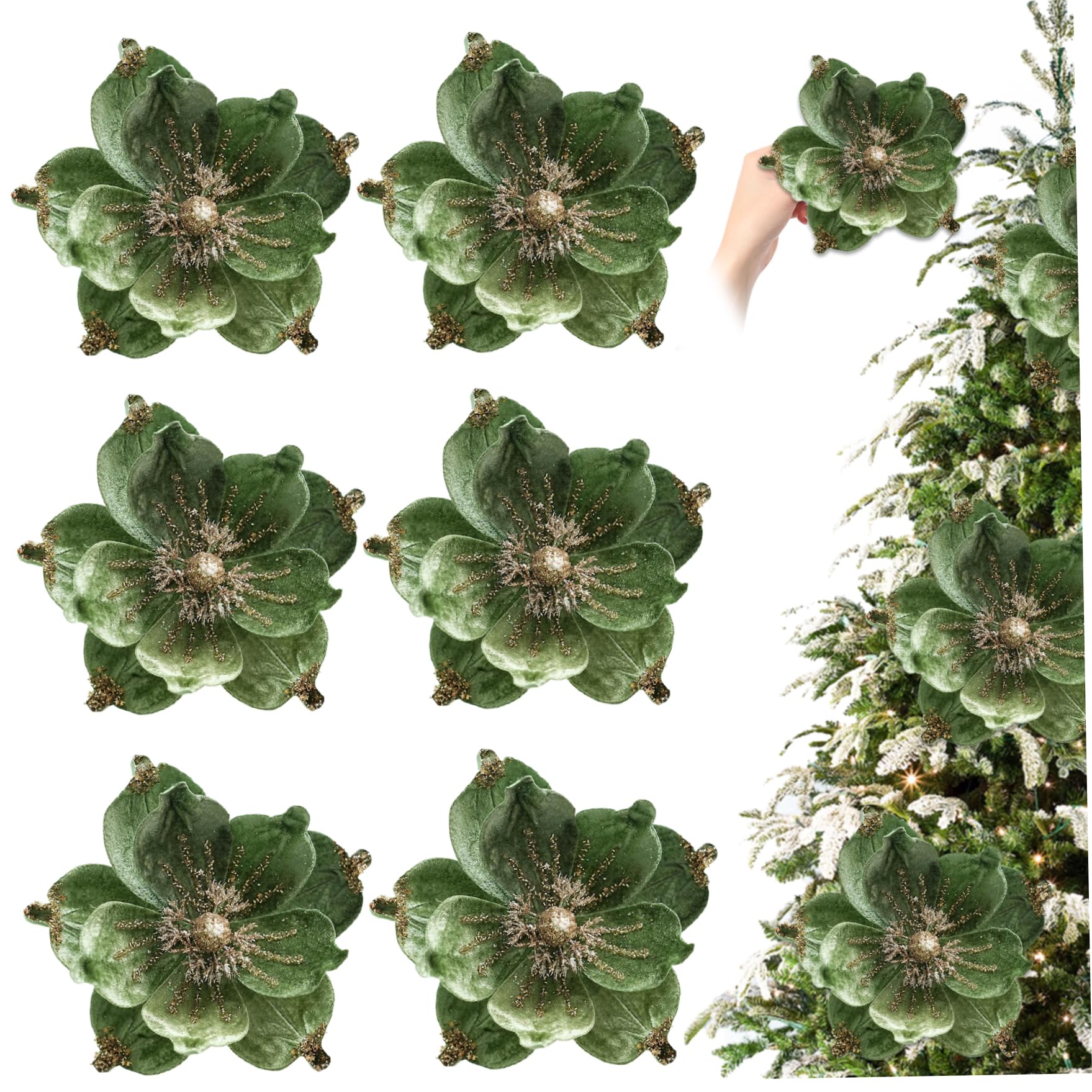 CAKEEYUM 6Pcs Christmas Flowers Green Magnolia Flowers Ornaments Artificial Realistic 9.5 Inch Large Glitter Decorative Christmas for Vase Tree Wreath, Magnolia Flower