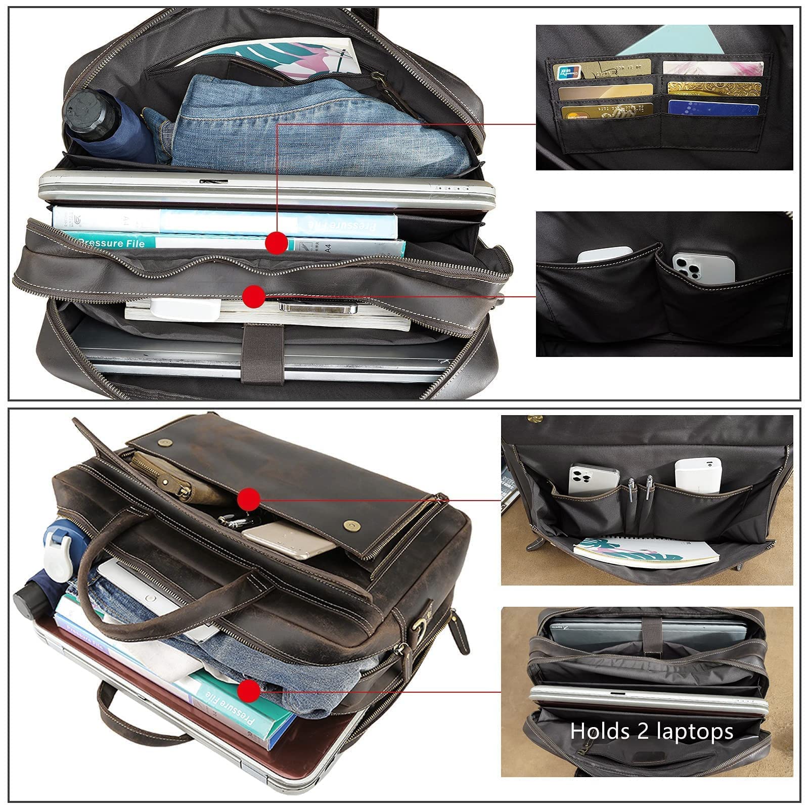 Maletín vintage de cuero genuino para hombres de 17 pulgadas para computadora portátil de negocios, viajes, trabajo, mensajero, bolsas de hombro, marrón oscuro, Marrón intenso, 17.3 x 11.4 x 5.12