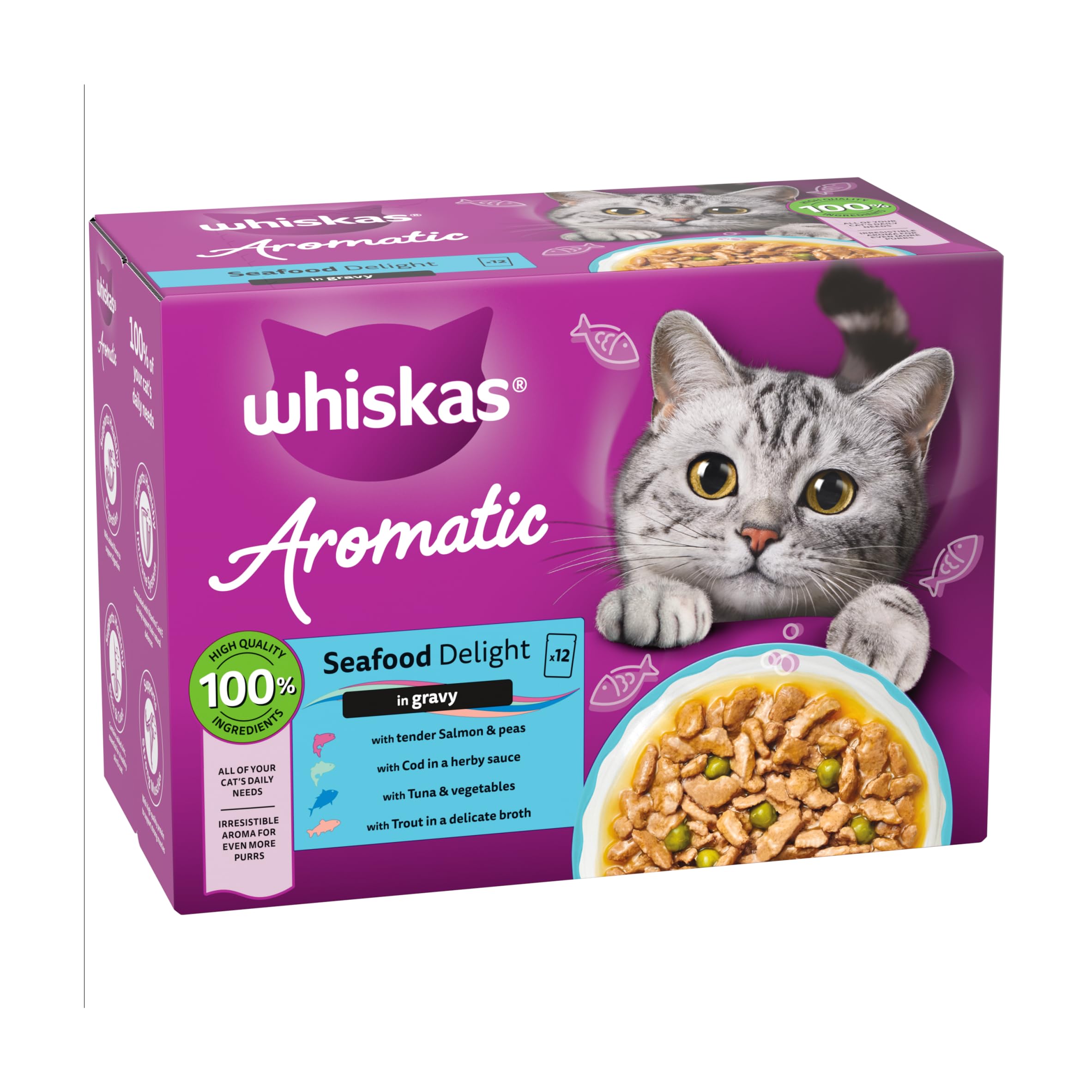 WHISKAS 1+ Cat Pouches Aromatic Seafood in Gravy 12x85g