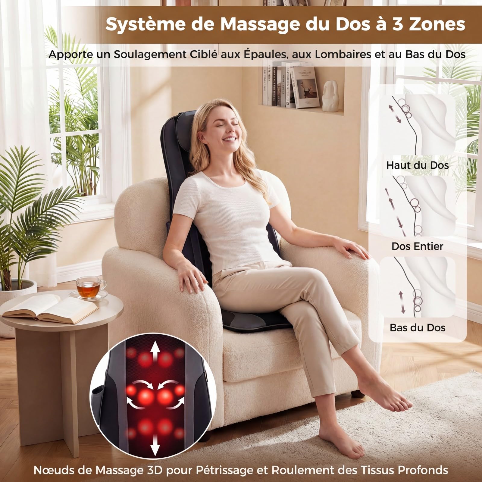 GOPLUS Siege Massant Shiatsu avec Chaleur, Siège de Massage avec 4 Nœuds de Pétrissage et Vibration 3 Niveaux, Masseur Cervical et Dorsal, Pétrissage Profond&Vibrations, pour Maison&Bureau
