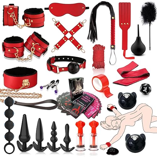 Sex Bondage Fesseln Sex Spielzeug für Paare,28pcs BDSM Set mit Handschellen und Anal Toys,Sex Spielzeug für Frauen Männer - 28PCS - Rot