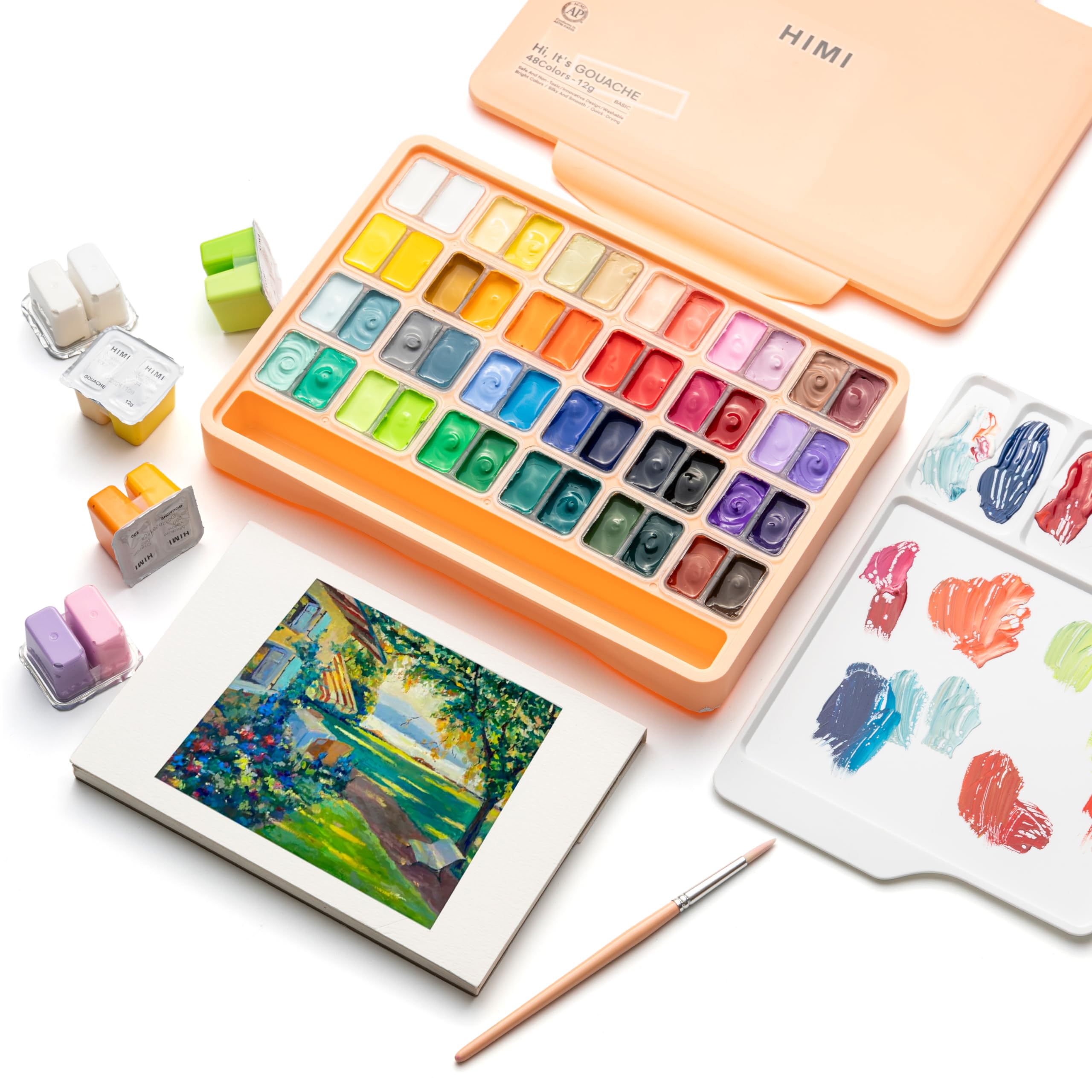 HIMI Ensemble de peinture gouache double tasse, 48 couleurs, 12 g, peinture non toxique pour toile et papier, fournitures artistiques pour professionnels (Peach Fuzz)