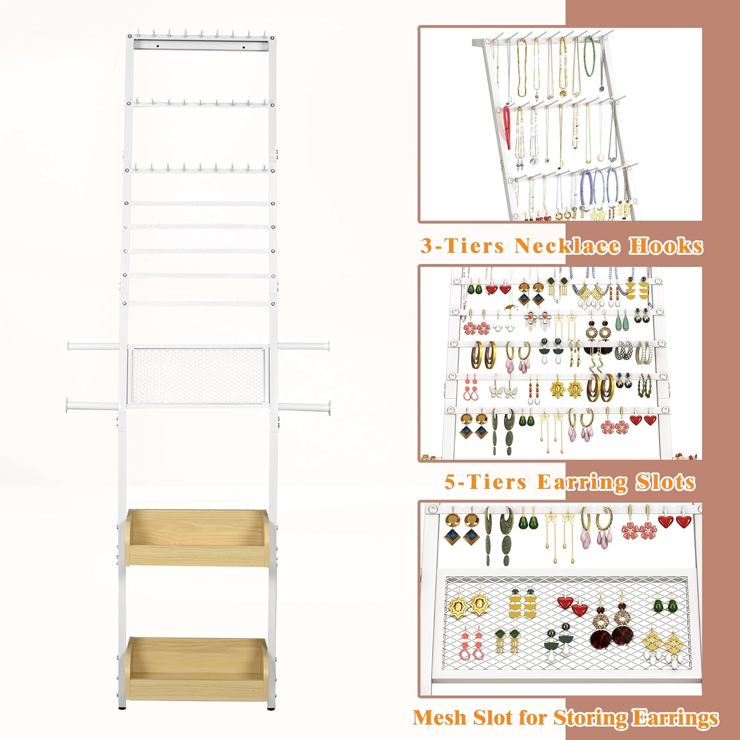 AIWFL Floor Standing Jewelry Organizer, Large Jewelry Organizer Wall with Earring Organizer Necklace Holder Bracelet Holder, Hanging Jewelry Display Stand for Earrings Rings Necklaces Bracelet Watch